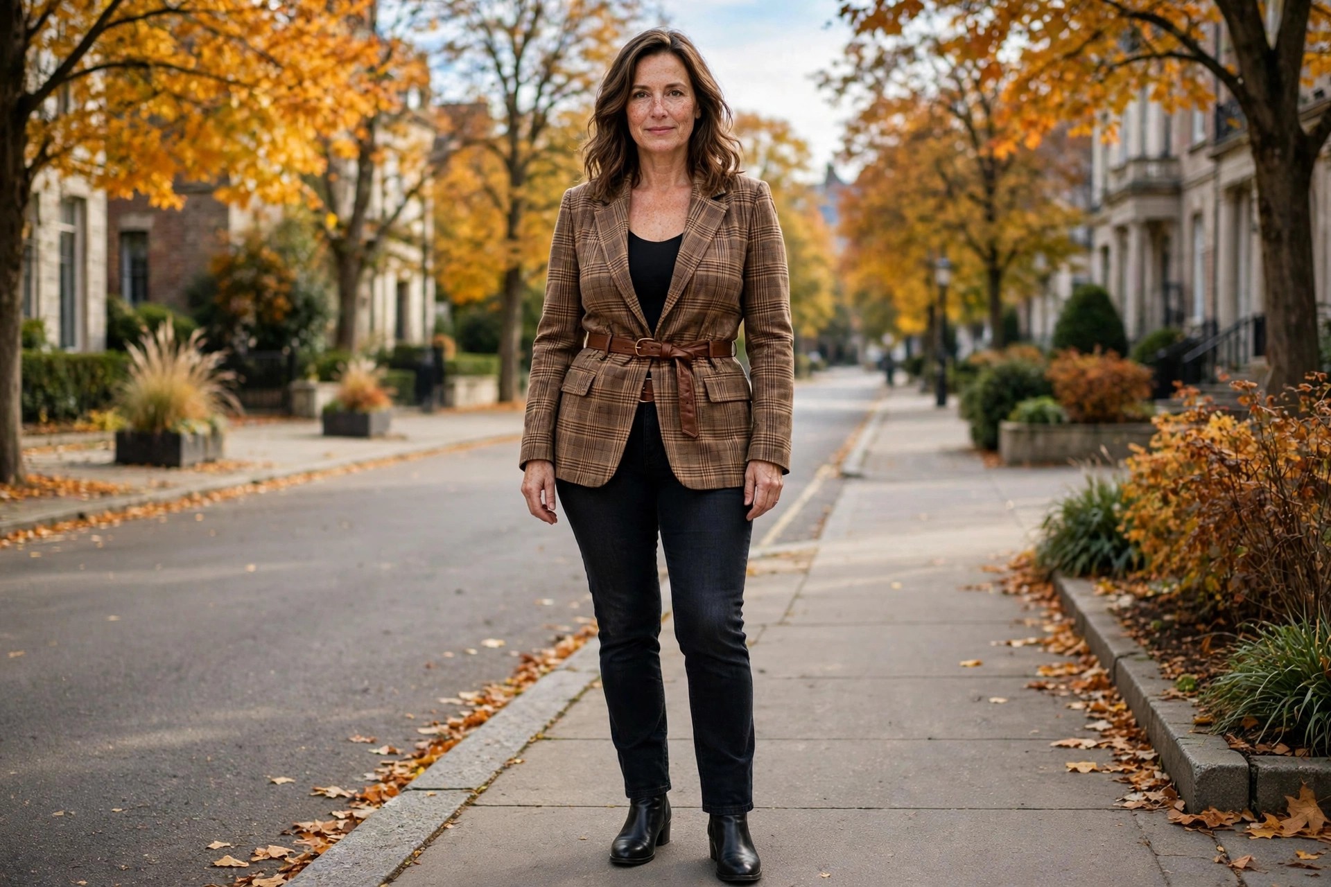 Hourglass woman wearing a belted brown plaid blazer over a black bodysuit, dark straight jeans and black ankle boots on an autumn sidewalk
