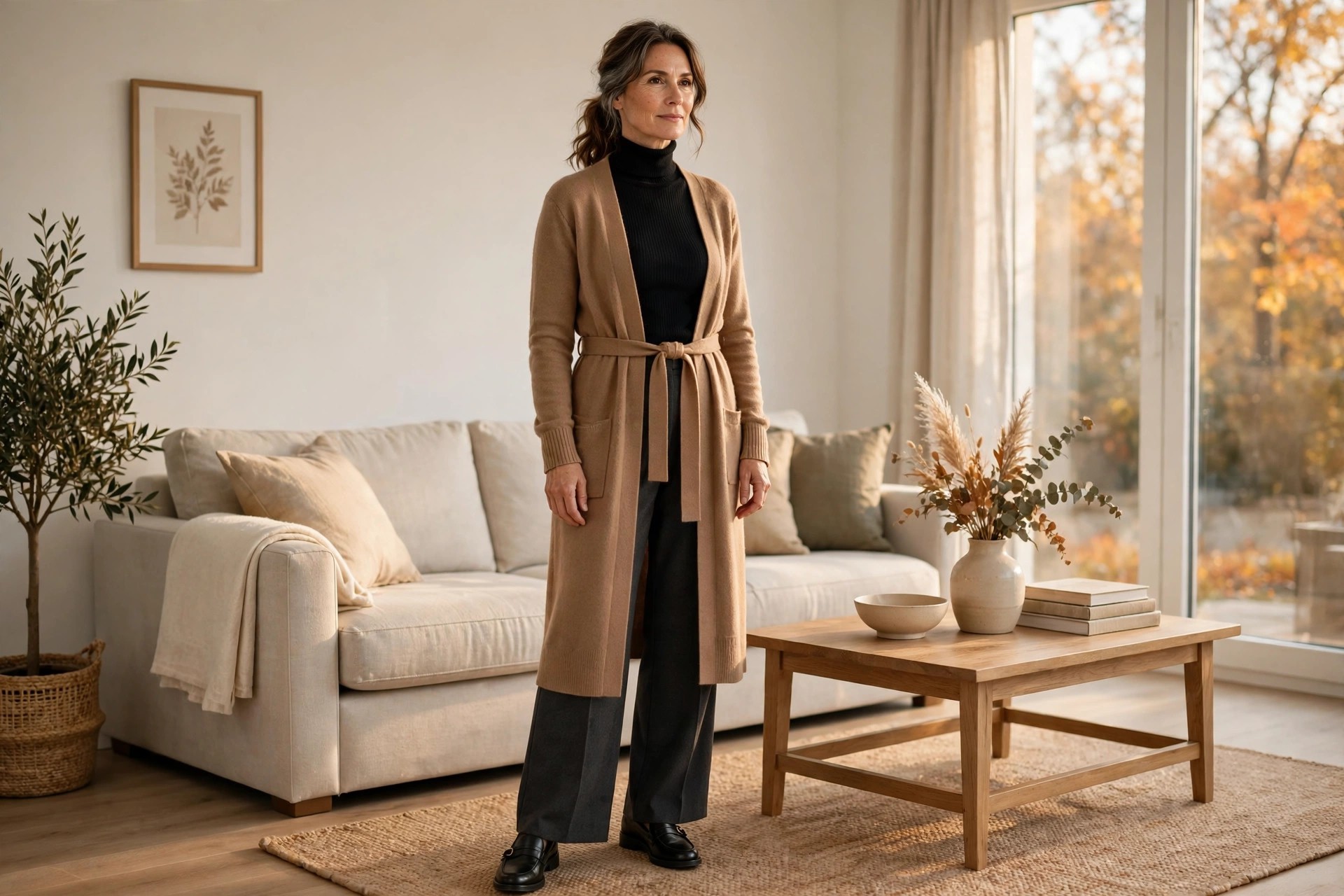 Hourglass woman wearing a black fitted turtleneck, a long belted camel cardigan, charcoal wide leg trousers and black loafers in a living room