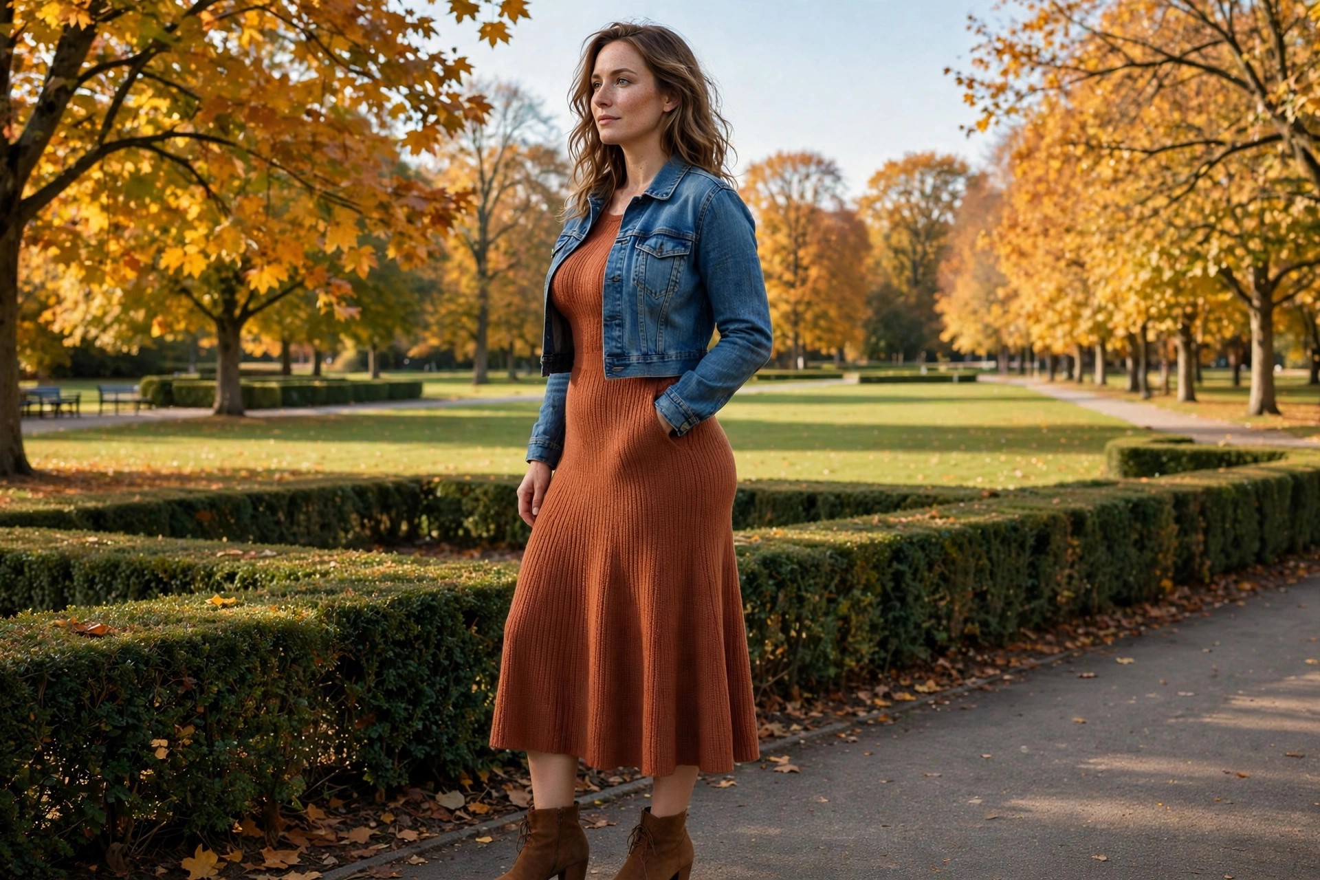 Hourglass woman wearing a cropped denim jacket over a rust knit midi dress with brown ankle boots in an autumn park