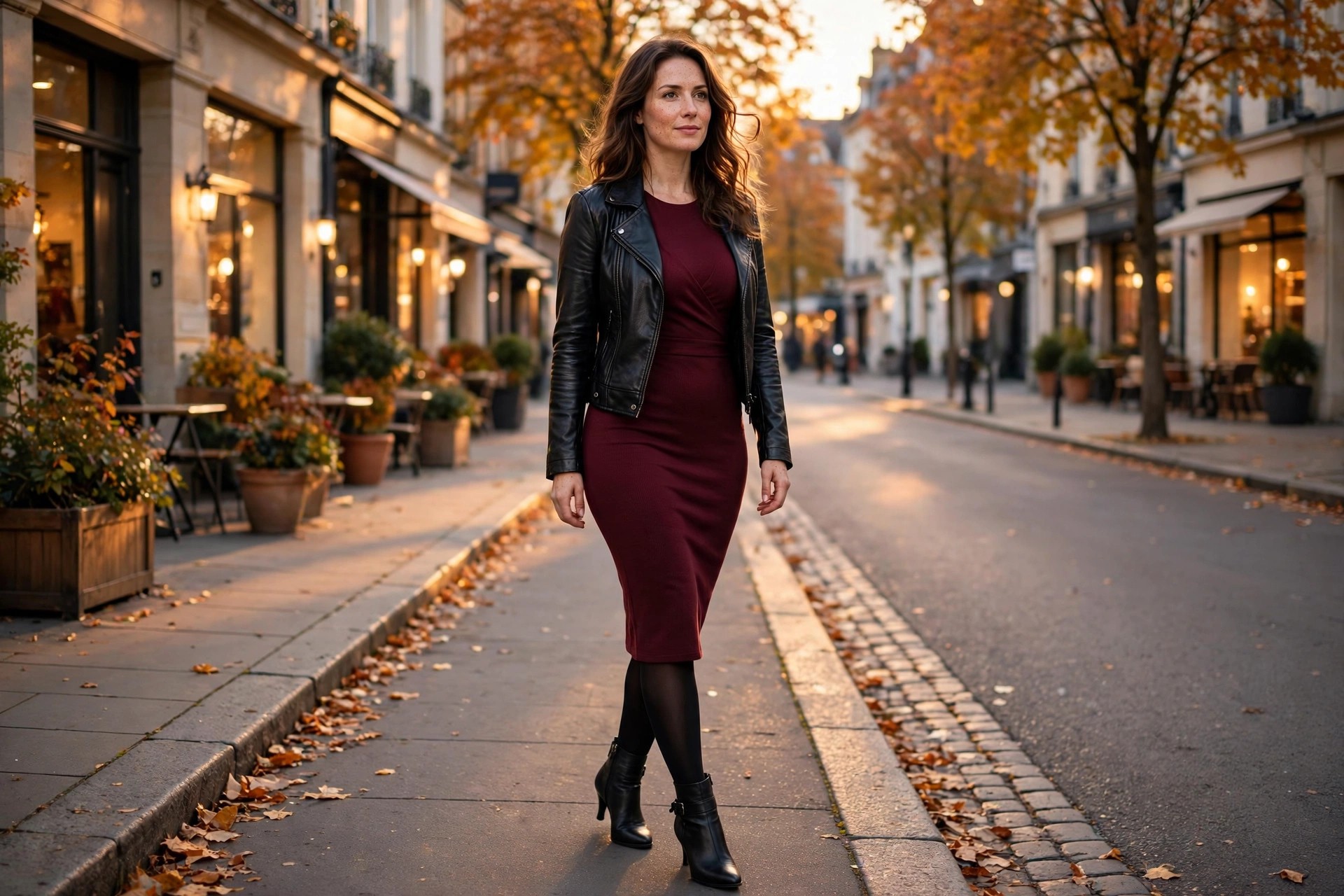 Hourglass woman wearing a black faux leather jacket over a fitted burgundy dress with black tights and heeled ankle boots on an evening street
