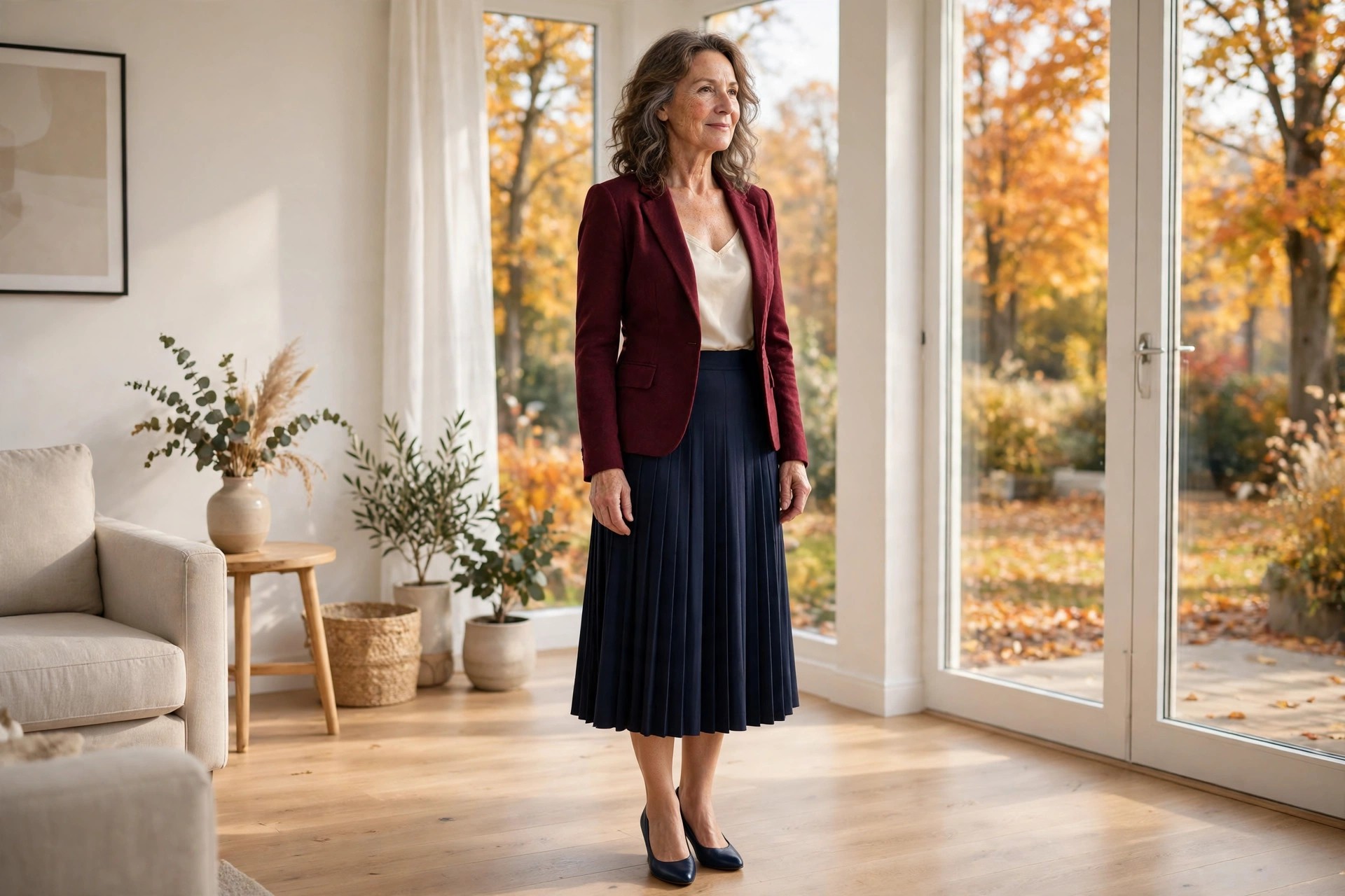 Hourglass woman wearing a fitted burgundy blazer, a cream camisole and a pleated navy midi skirt with pumps in a bright room