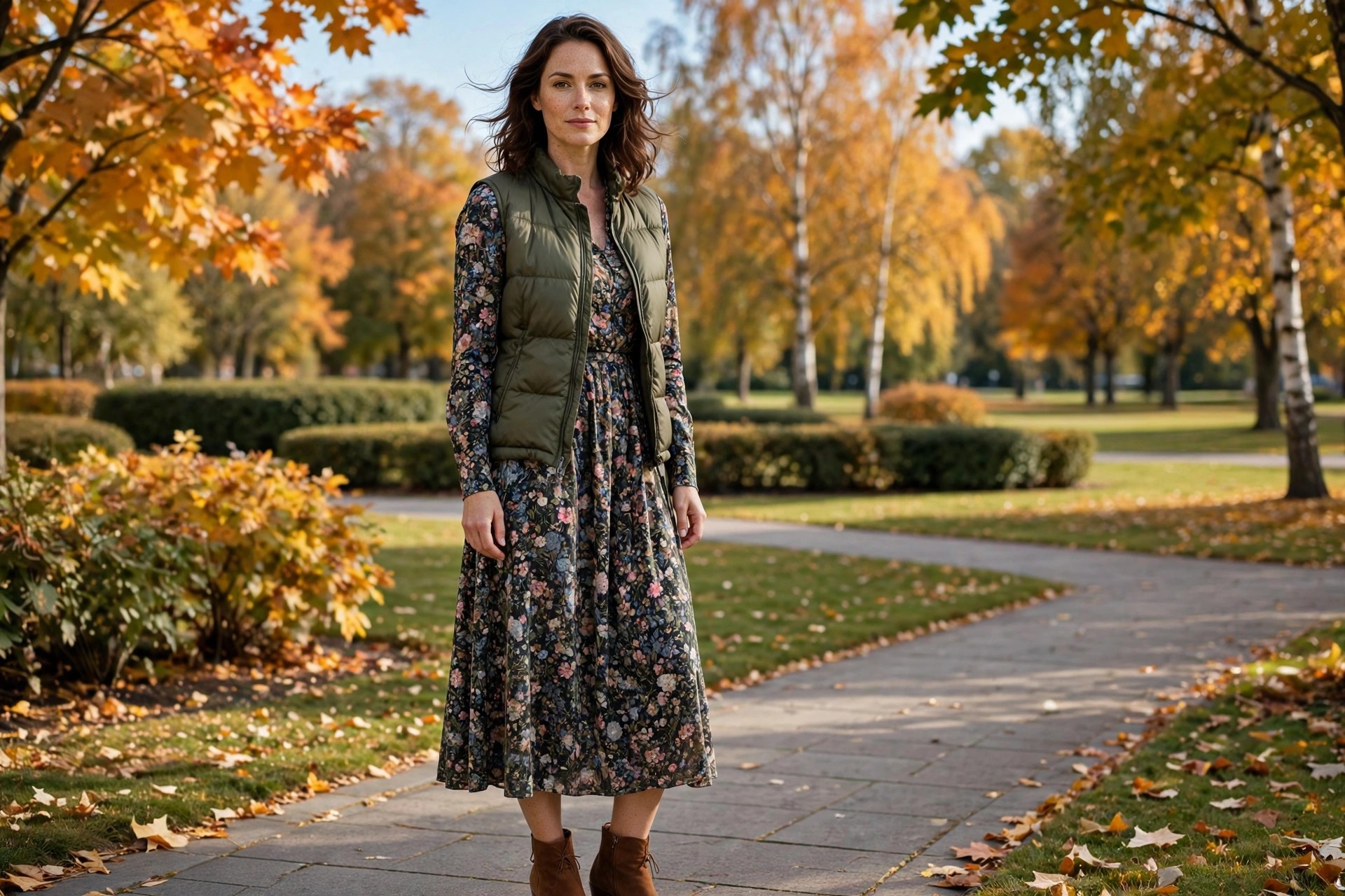 Hourglass woman wearing an olive waist length puffer vest over a long sleeve floral midi dress with brown ankle boots in an autumn park