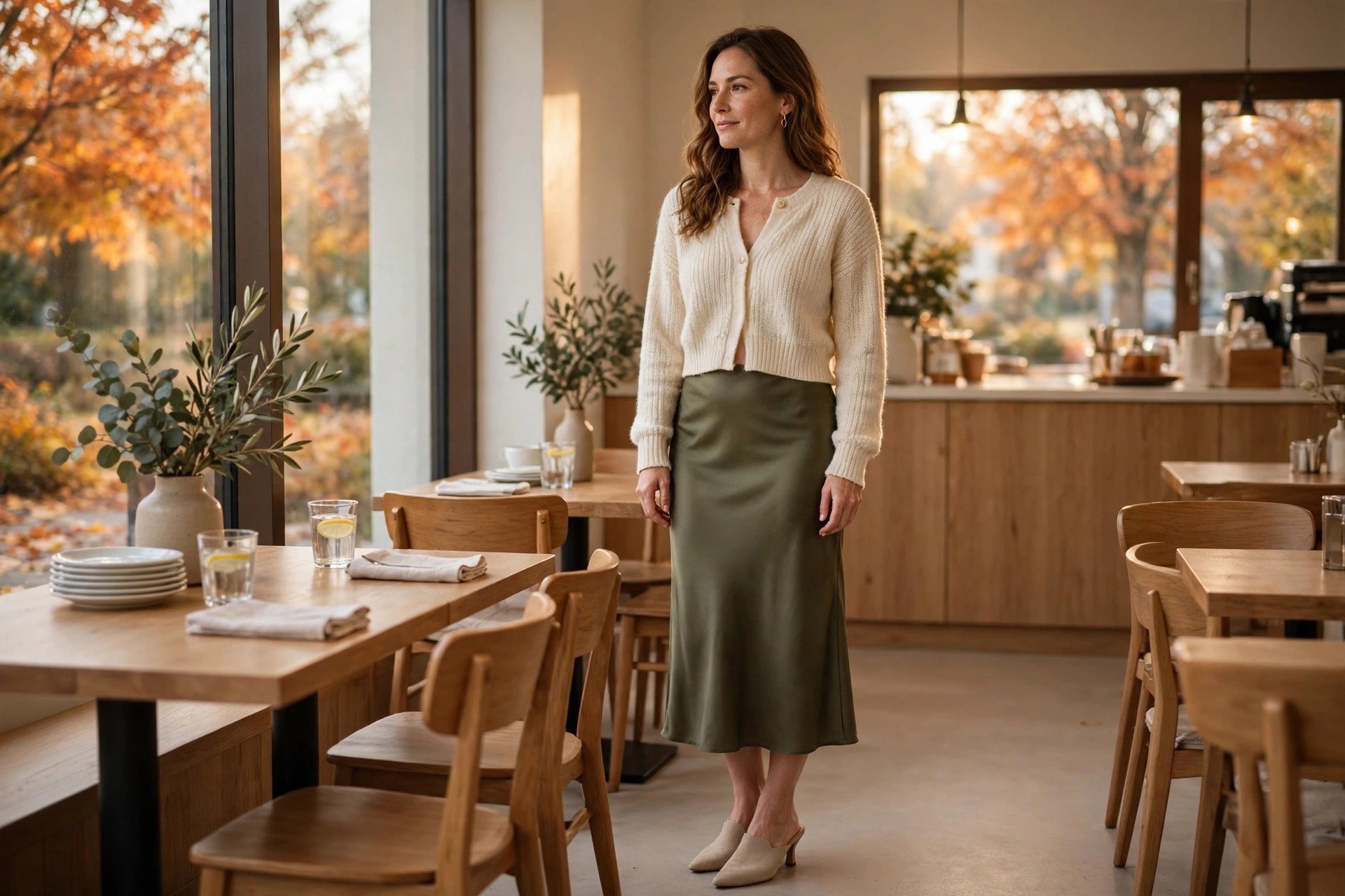 Hourglass woman wearing a cropped cream cardigan buttoned at the top over an olive satin slip skirt with cream heeled mules in a cafe