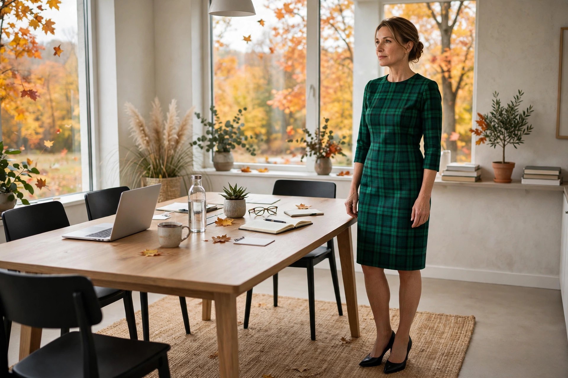 A woman in her early 40s in an emerald plaid sheath dress with black pumps, standing beside a meeting room table in fall.