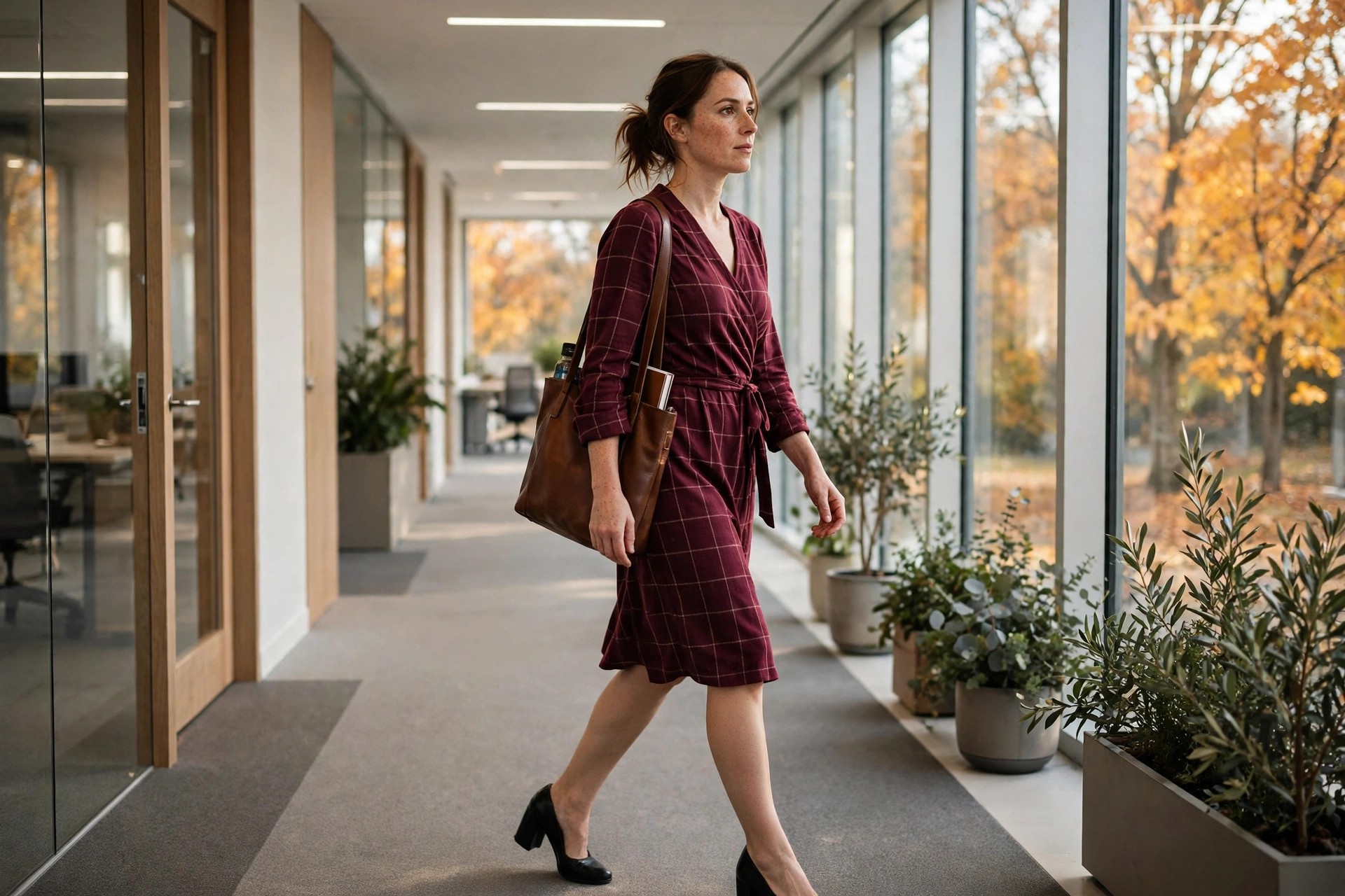A woman in her mid 30s in a burgundy windowpane plaid wrap dress with black block-heel shoes, walking through an office corridor in fall.