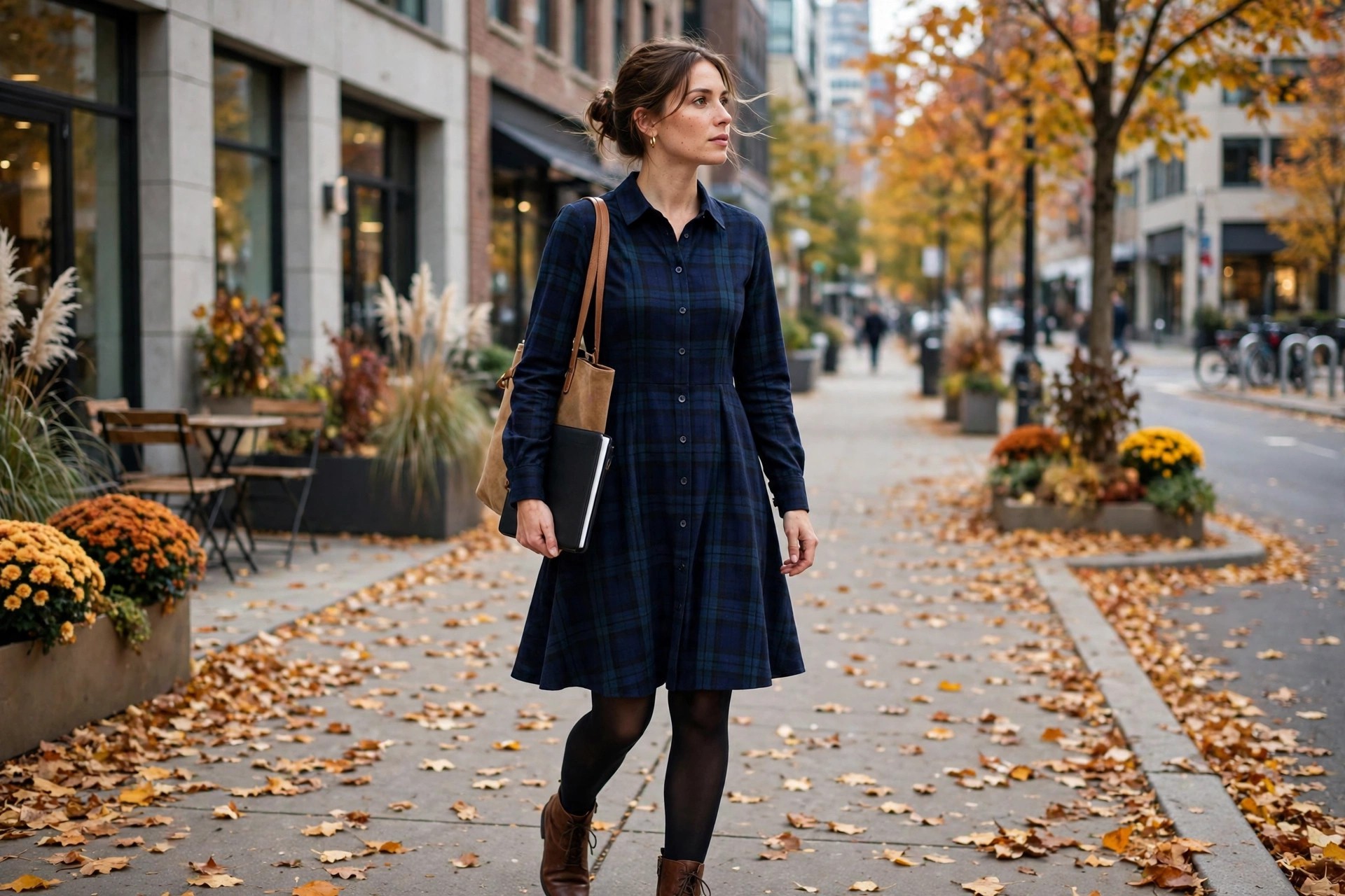 A woman in her late 20s in a navy tartan button-front A-line dress with black tights and brown ankle boots, walking on a city sidewalk in fall.