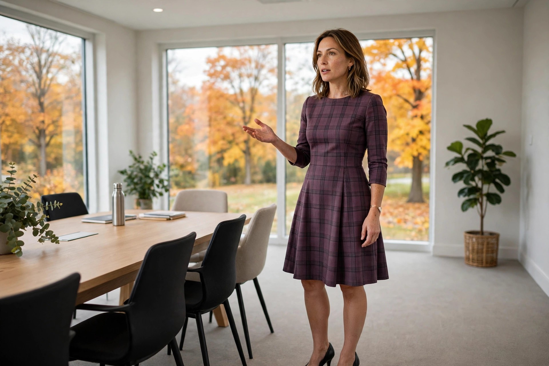 A woman in her mid 30s in a plum plaid fit-and-flare dress with black pumps, presenting in an office meeting room in fall.