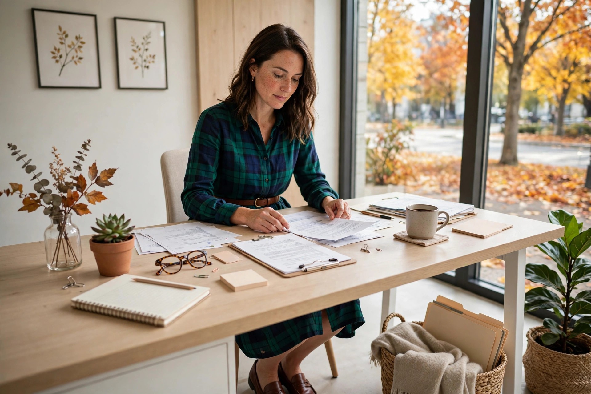 A woman in her early 30s in an emerald and navy plaid belted shirt dress with brown loafers, working at an office desk in fall.
