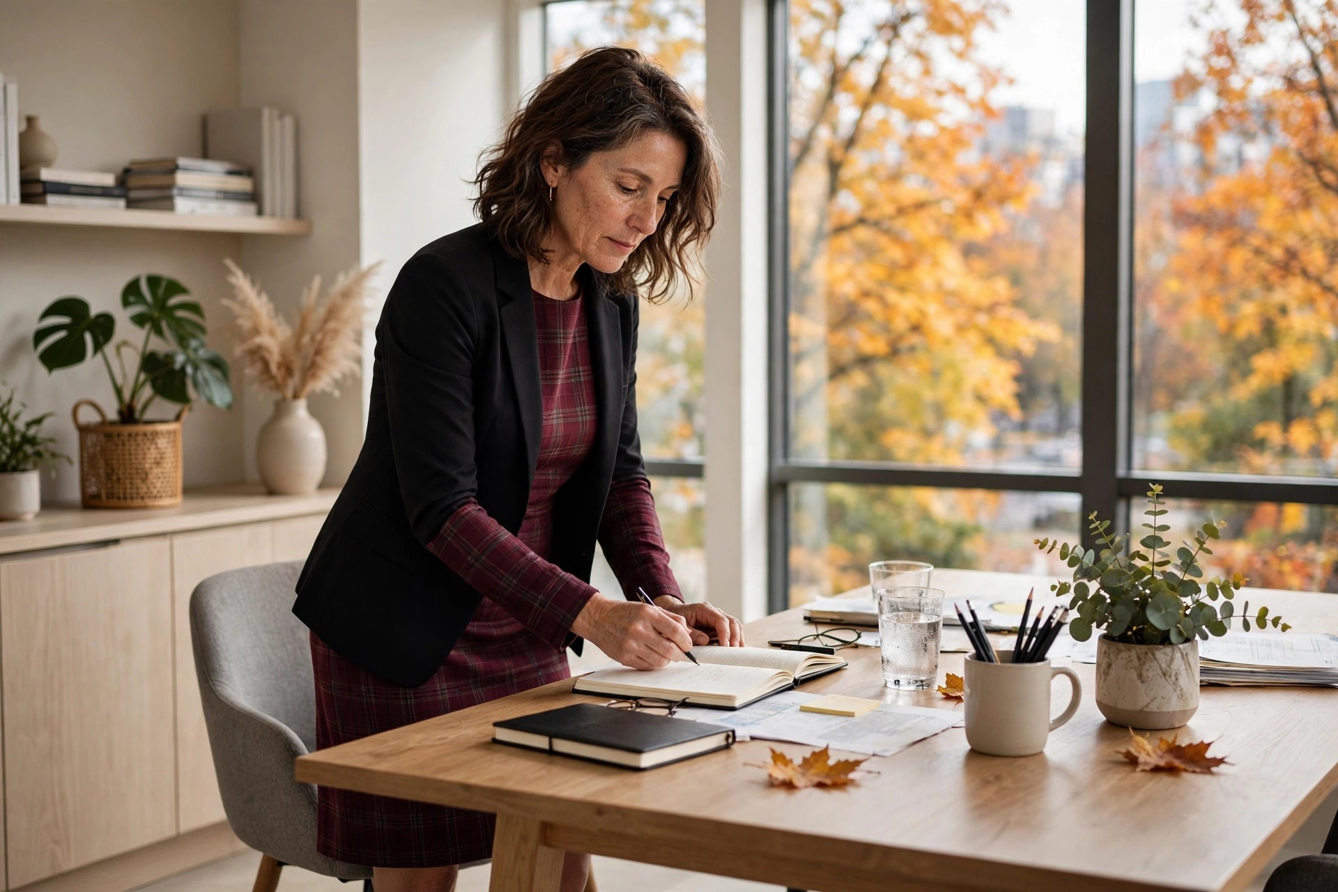 A woman in her late 40s in a burgundy plaid pencil dress under a black blazer, writing at an office desk in fall.
