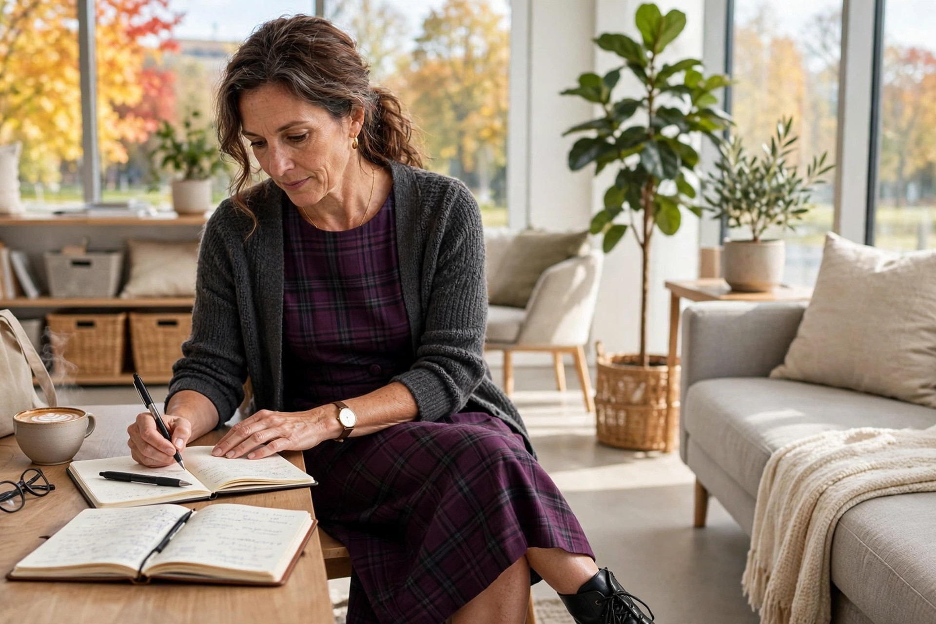 A woman in her mid 40s in a plum tartan midi dress with a charcoal cardigan and black ankle boots, writing in an office lounge in fall.