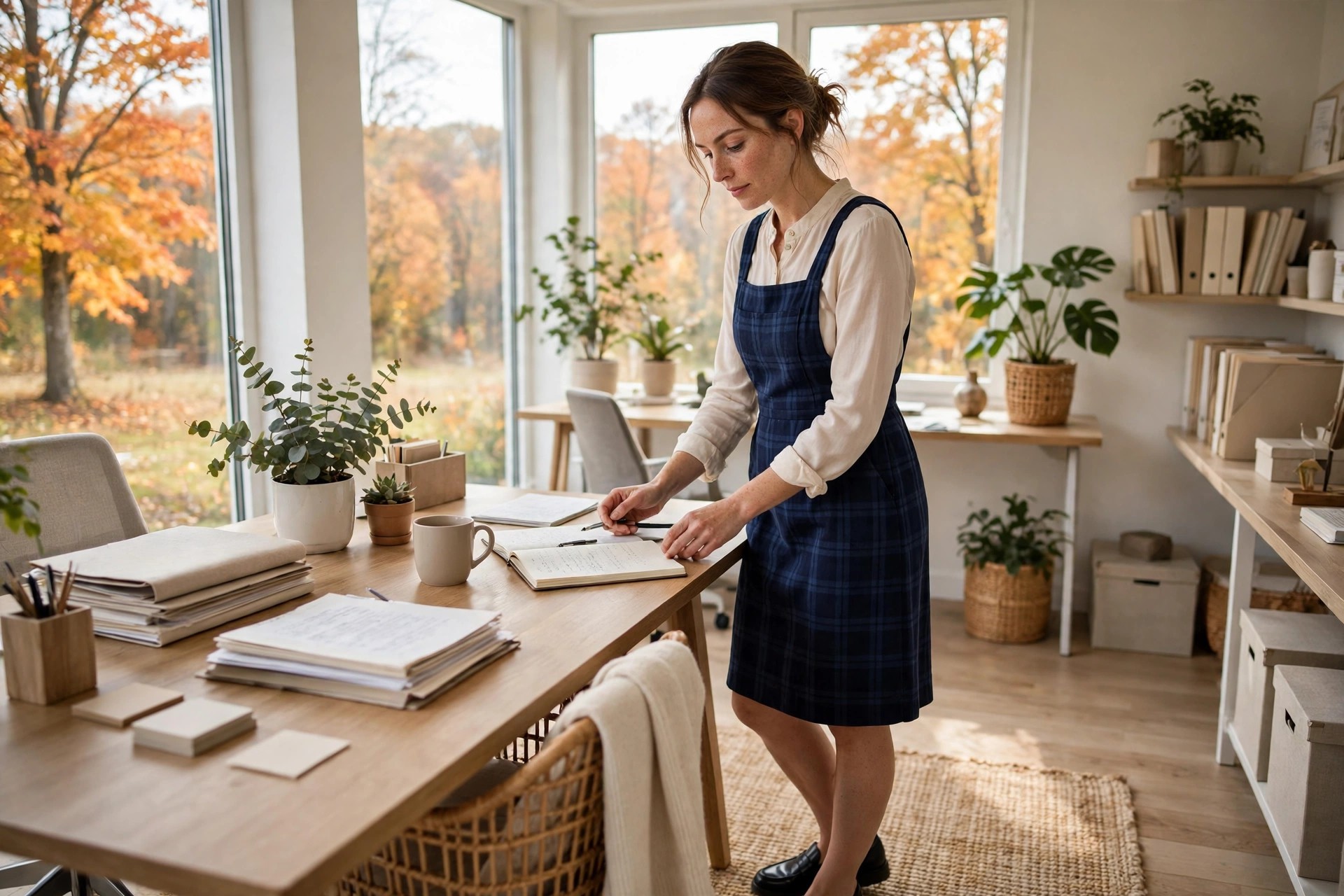 A woman in her early 30s in a navy plaid pinafore dress over a cream blouse with black loafers, working at an office desk in fall.