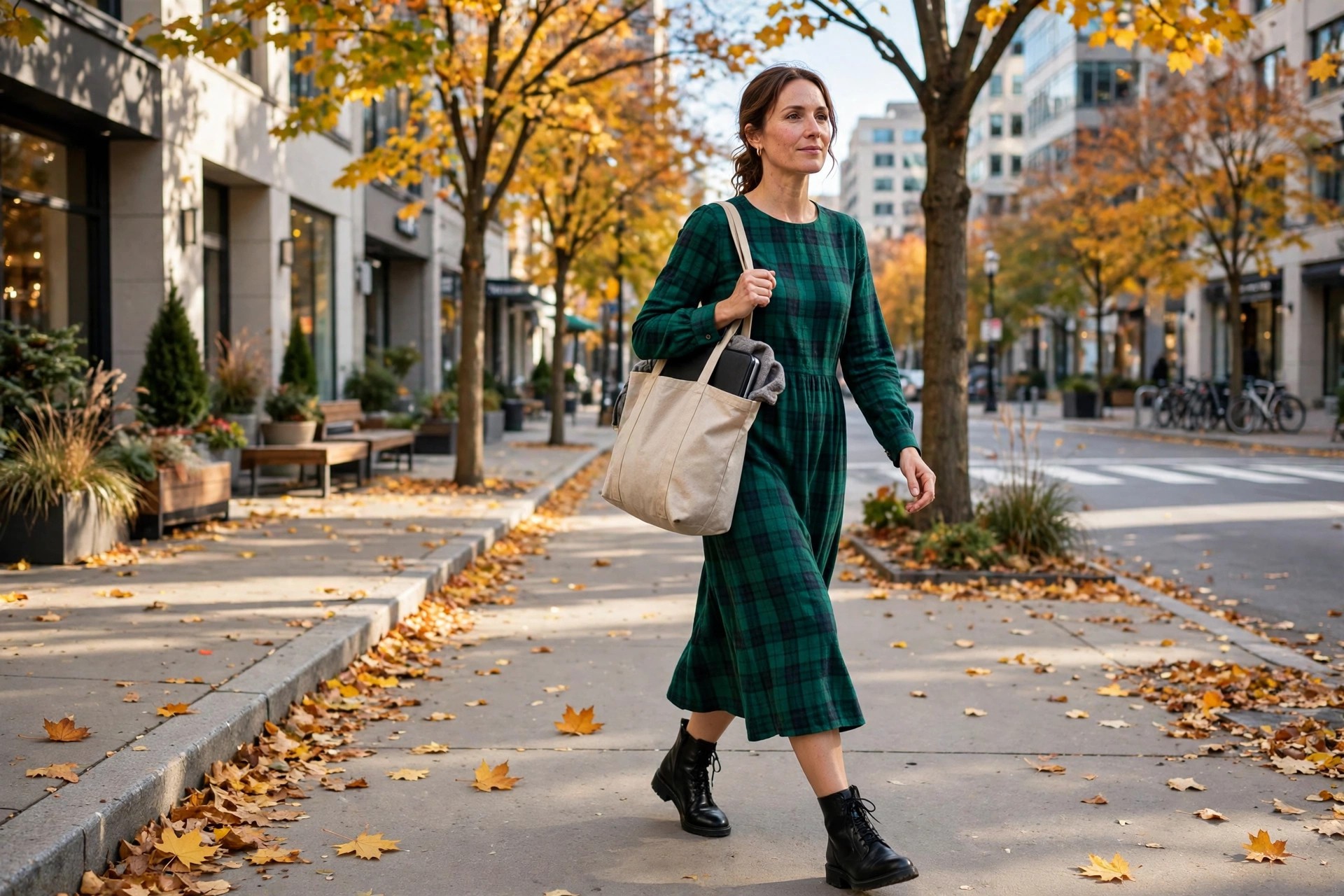 A woman in her late 30s in an emerald plaid midi dress with black ankle boots, walking on a city sidewalk in fall with a canvas tote.