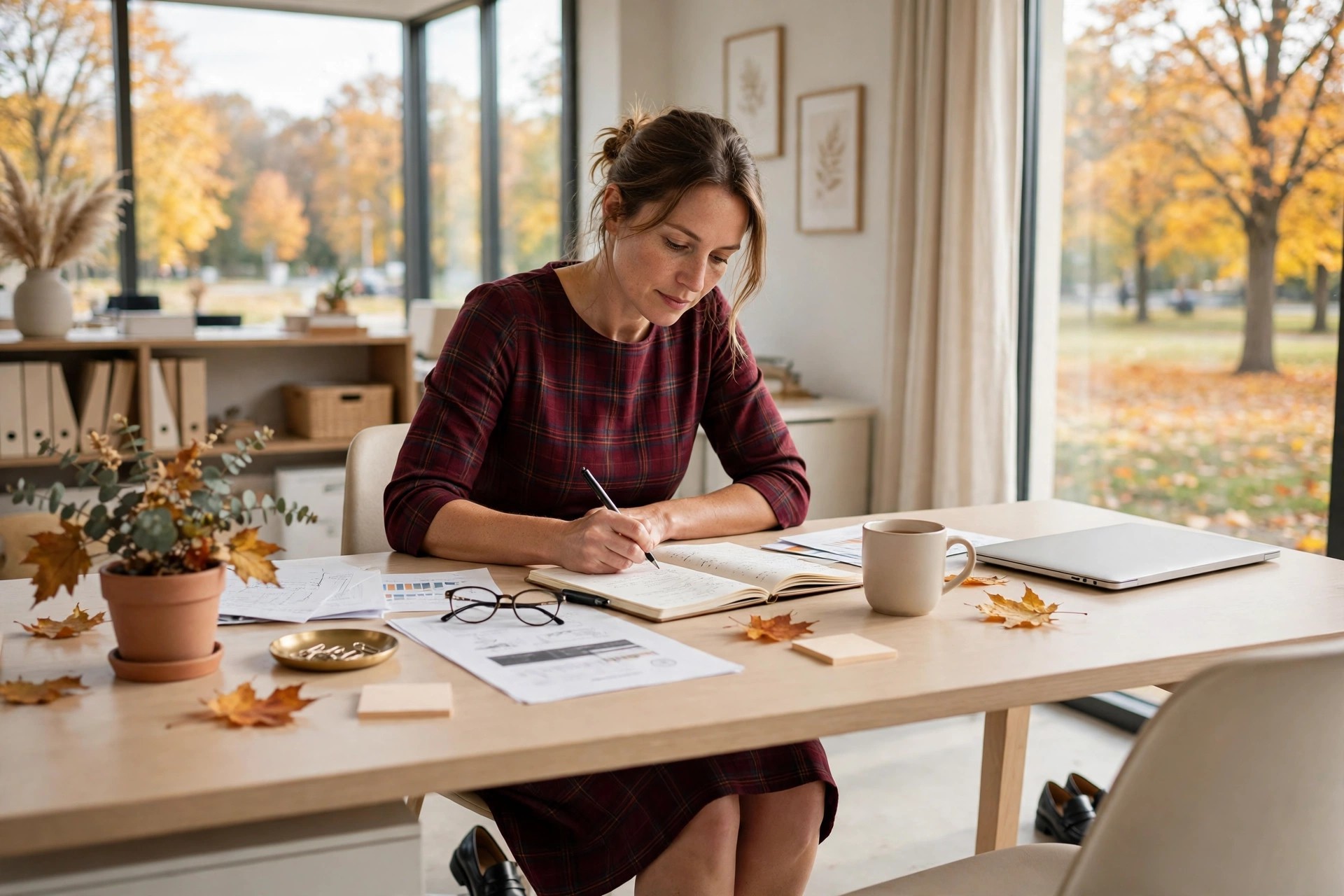 A woman in her mid 30s in a burgundy plaid shift dress with black loafers, writing at an office desk in fall.