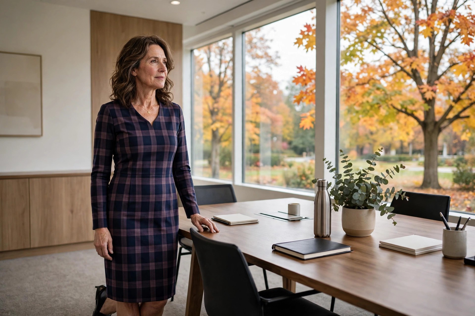 A woman in her early 50s in a navy and plum plaid sheath dress with black pumps, standing at a conference table in fall.