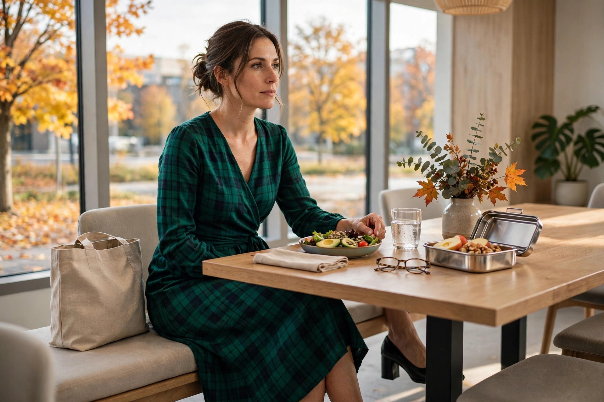 A woman in her late 30s in an emerald plaid wrap midi dress with black block-heel shoes, seated at a lunch table in fall.