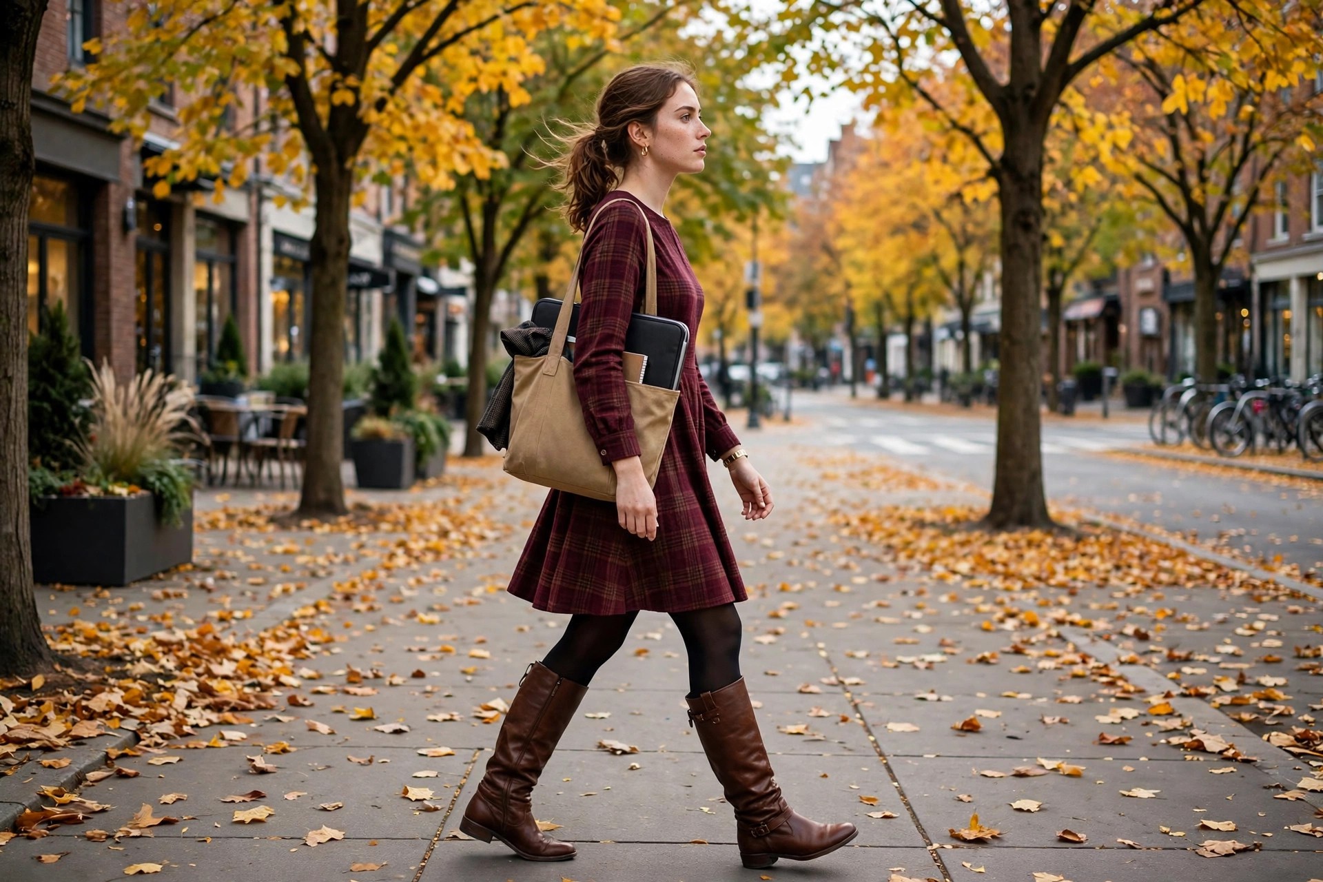 A woman in her mid 20s in a burgundy plaid A-line dress with black tights and brown knee-high boots, walking on a leafy sidewalk in fall.