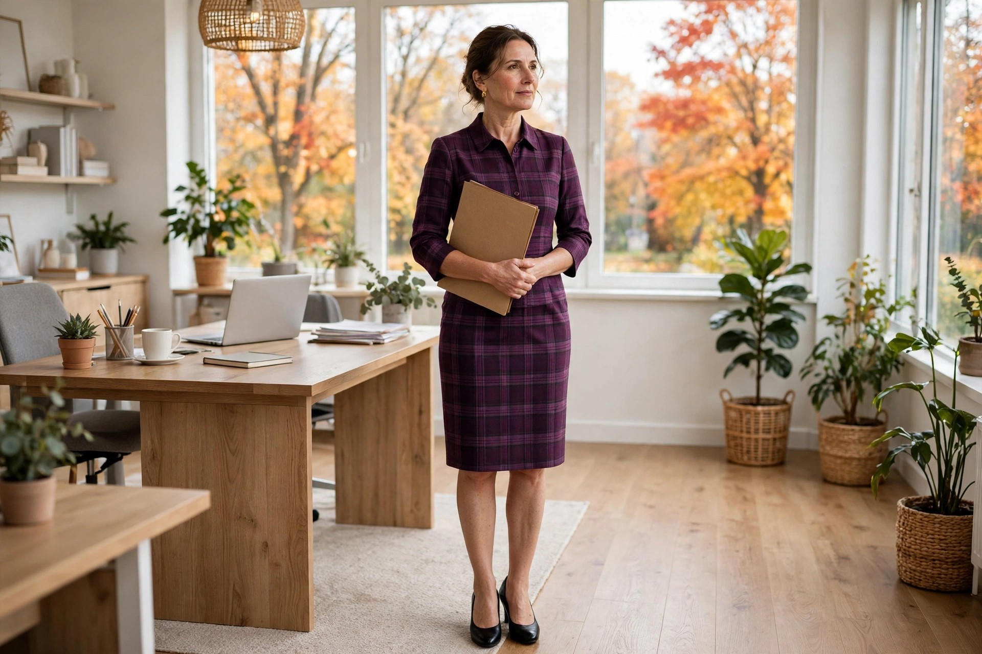 A woman in her early 40s in a plum plaid tailored shirt-collar dress with black pumps, holding a folder in an office in fall.