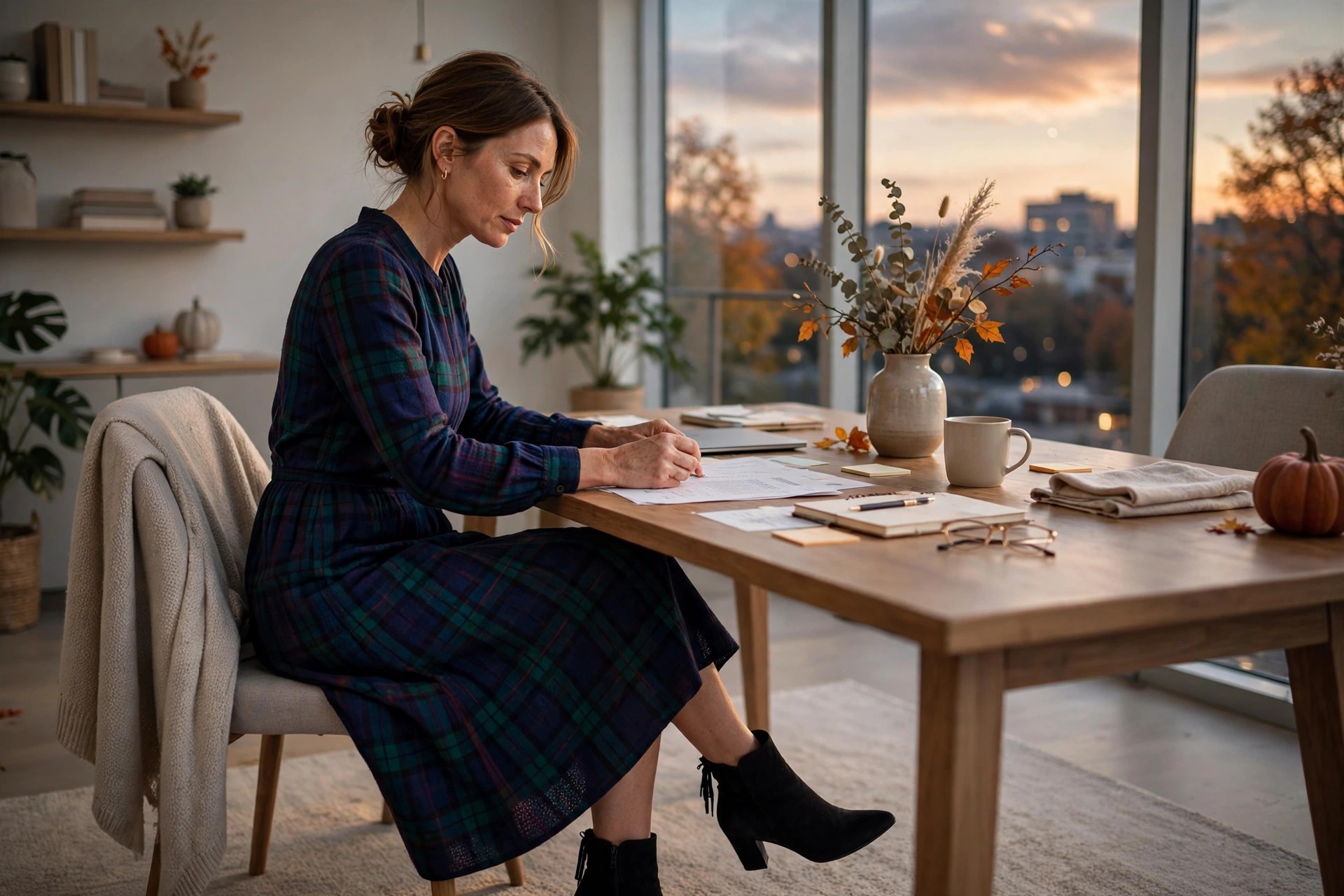 A woman in her late 30s in a navy plaid midi dress with black heeled ankle boots, seated at an office table in the evening in fall.