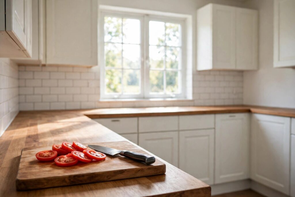 Chef's knife resting on a wooden cutting board next to freshly sliced tomatoes in a bright small kitchen