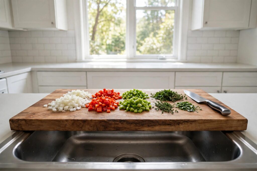 Large wooden cutting board set across a kitchen sink, covered with chopped onions, peppers and herbs, with a chef's knife beside it