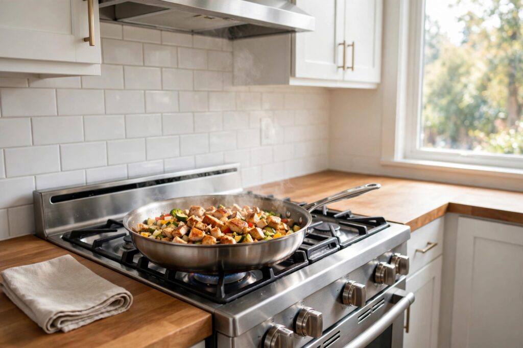 Stainless steel skillet with seared chicken and vegetables cooking on a gas stove in a small kitchen