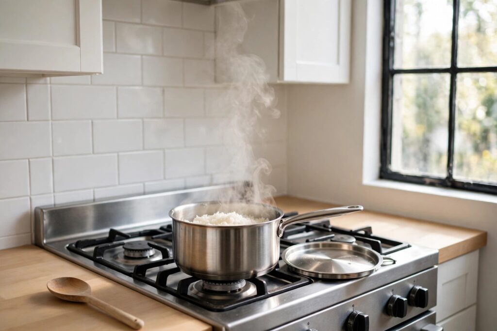 Medium stainless steel saucepan of steamed rice on a stove with its lid resting beside it