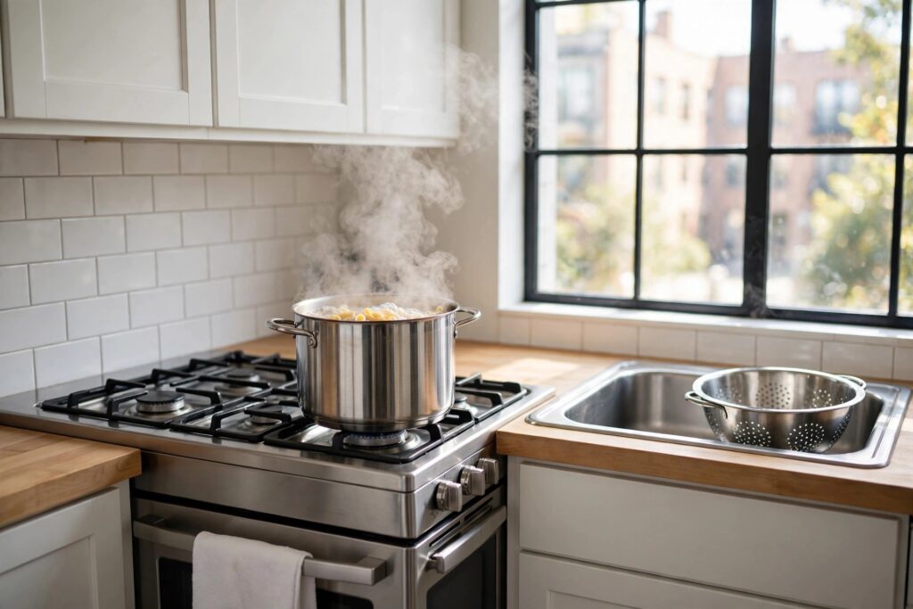 Tall stainless steel stockpot of boiling pasta on a stove, with a colander waiting in the sink