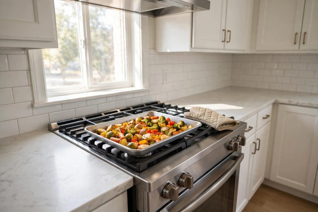 Rimmed baking sheet of golden roasted vegetables resting on a stovetop next to an oven mitt