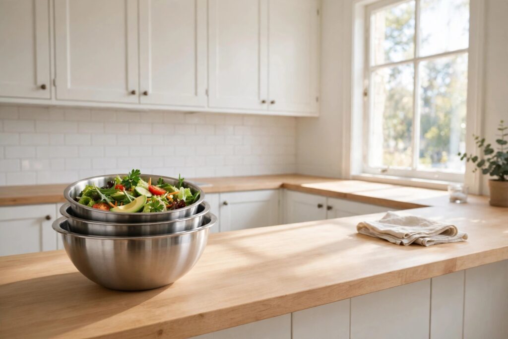Nested stainless steel mixing bowls on a wood counter, the top bowl holding a fresh green salad