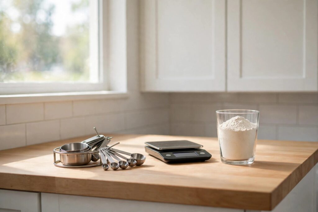 Steel measuring cups and spoons beside a small kitchen scale and a glass of flour on a wood counter