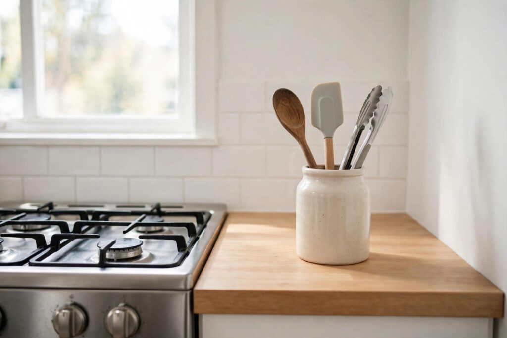 Ceramic jar beside the stove holding a wooden spoon, a silicone spatula and metal tongs