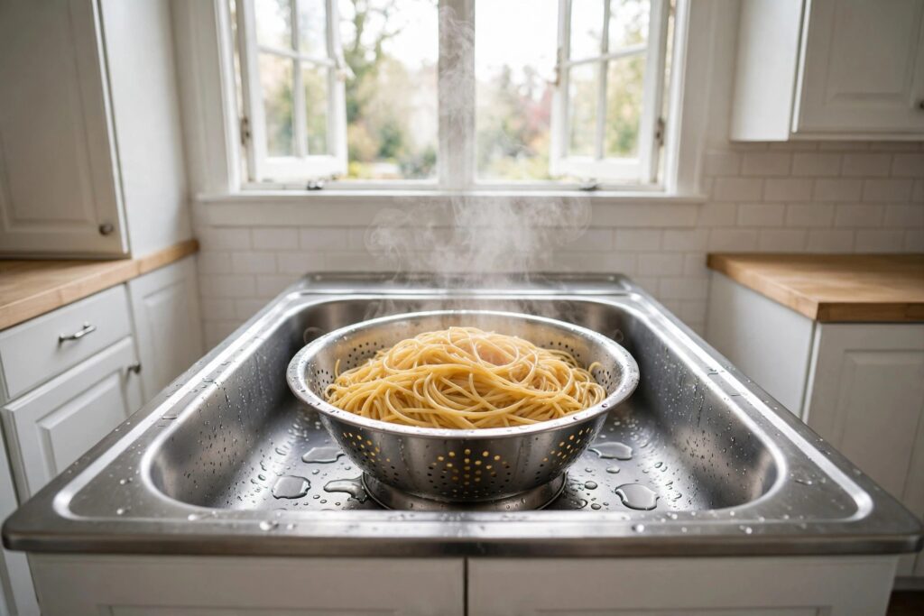 Stainless steel colander full of drained spaghetti steaming in a clean kitchen sink