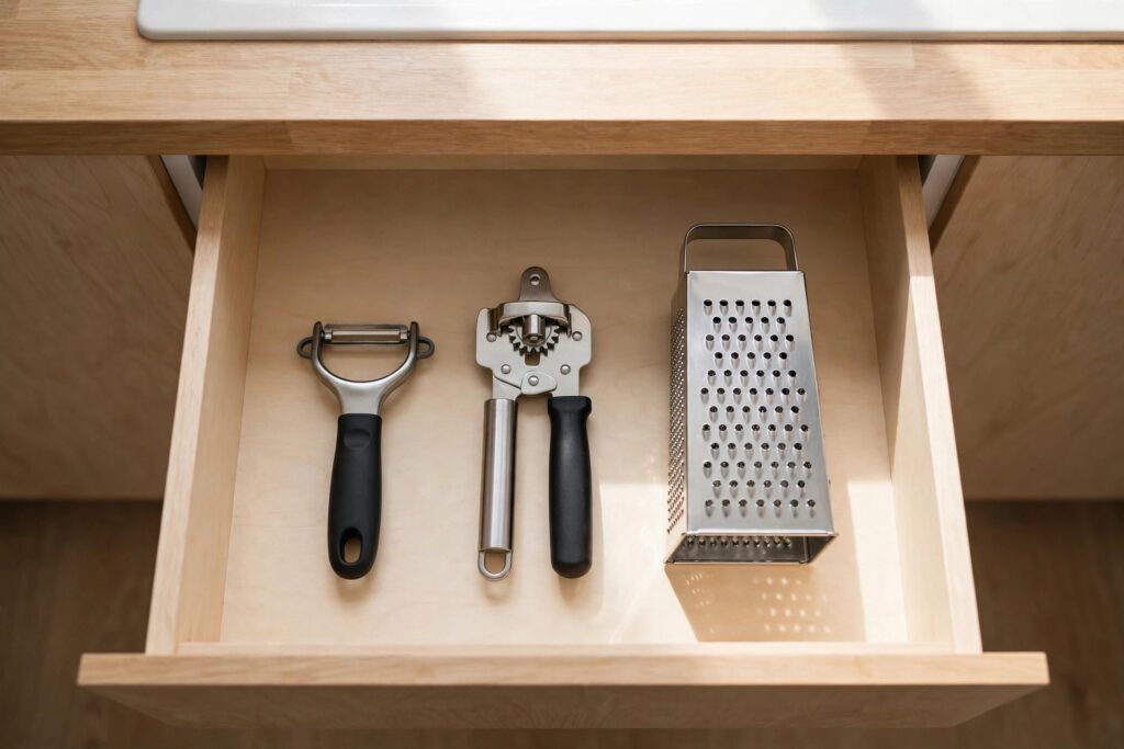Open kitchen drawer holding a vegetable peeler, a can opener and a box grater