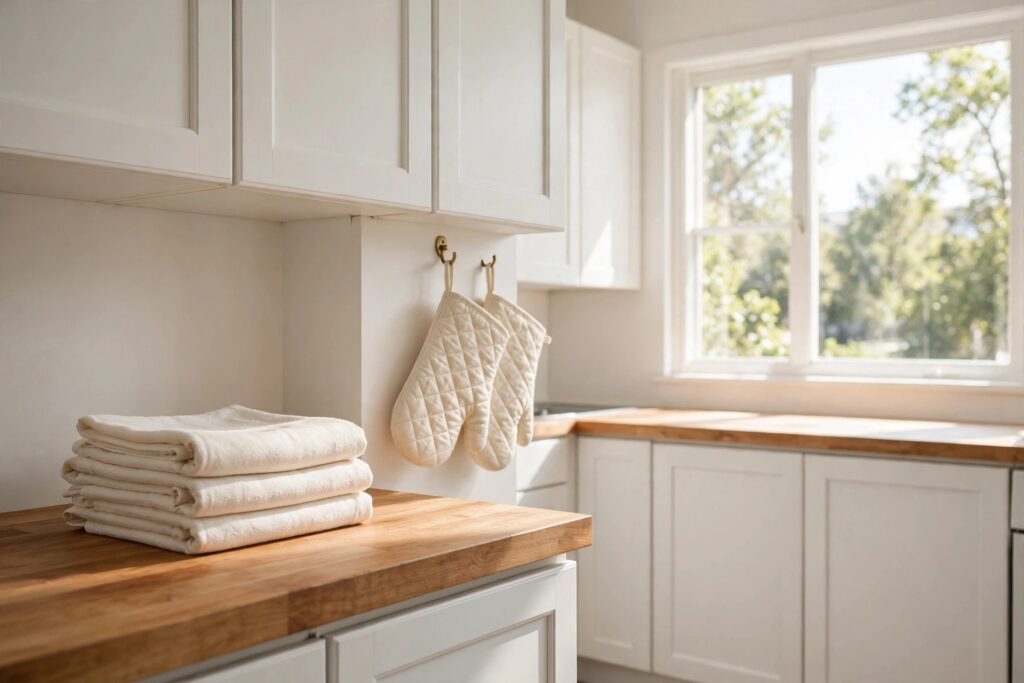 Folded cream cotton dish towels on a wood counter beside quilted oven mitts hanging on hooks