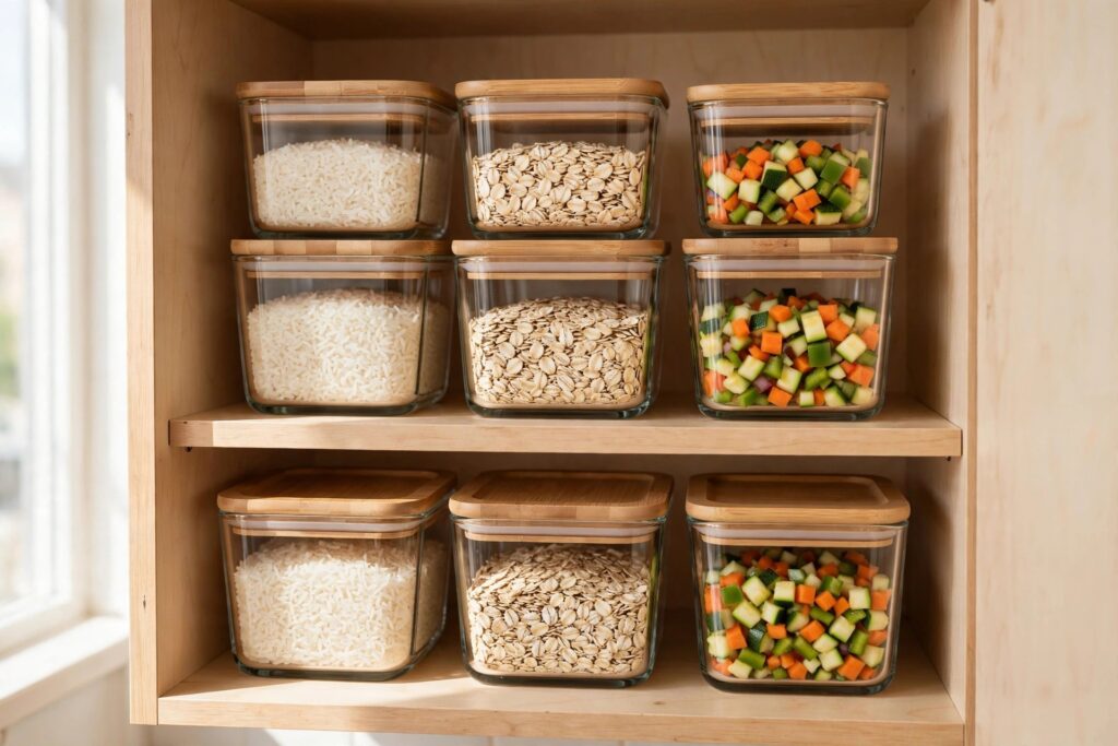 Matching square glass storage containers with bamboo lids filled with rice, oats and chopped vegetables, stacked in a cabinet