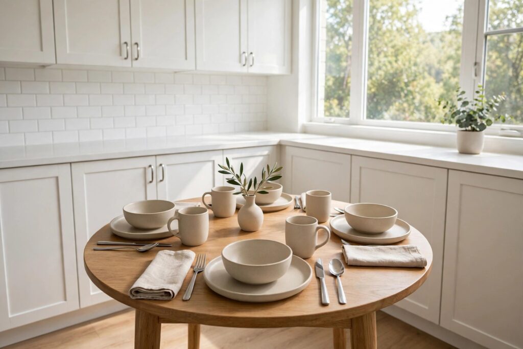 Small round kitchen table set with four matching stoneware place settings, bowls, mugs and cutlery