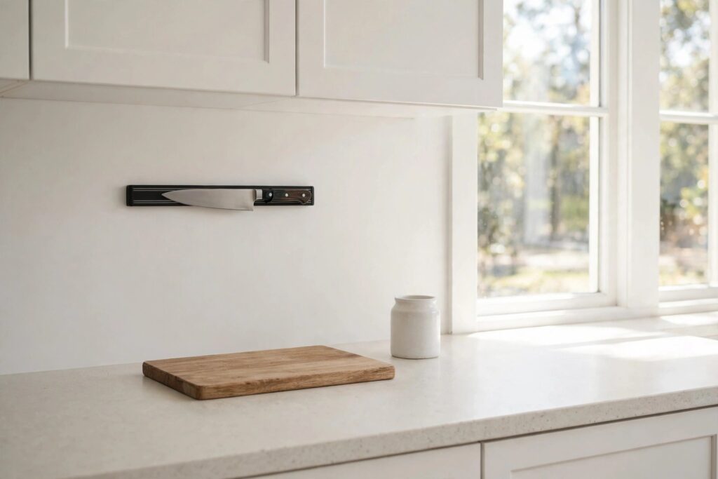 Minimal kitchen counter with a knife on a magnetic strip, one cutting board and a small jar, leaving generous open counter space