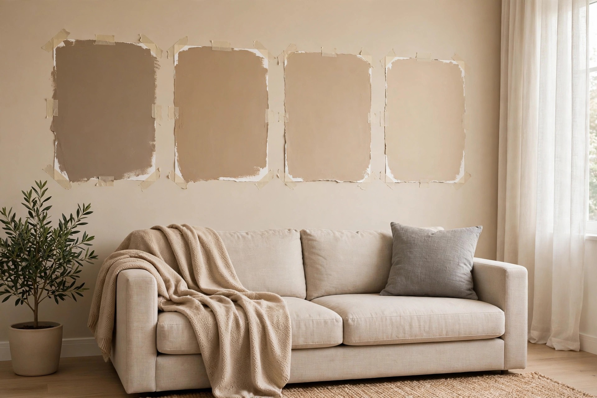 Four large greige and beige paint patches taped on a warm beige wall above a beige sofa with a grey cushion and a beige throw