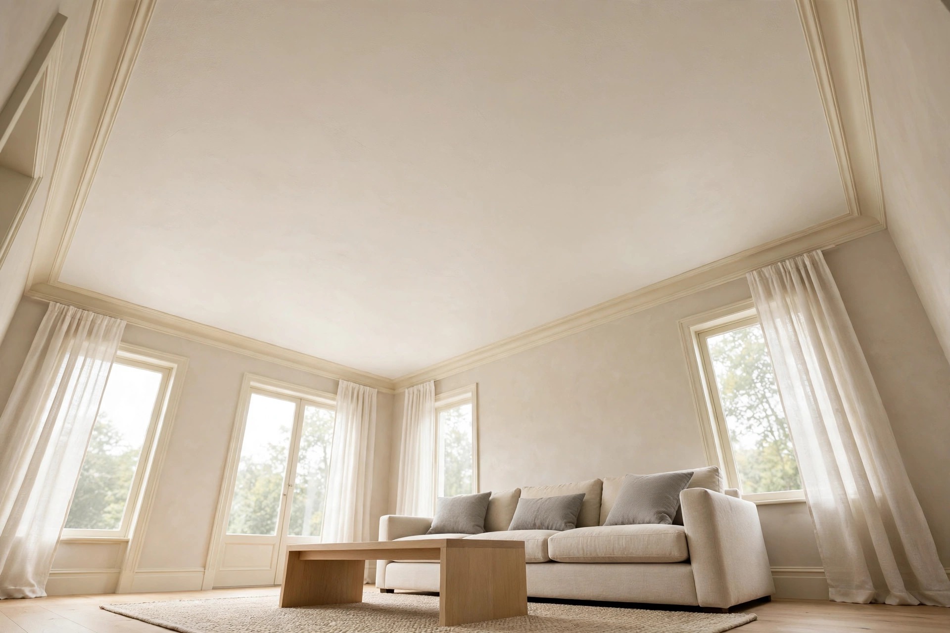 Low view of a creamy off white ceiling and trim above a beige sofa with grey cushions and sheer curtained windows