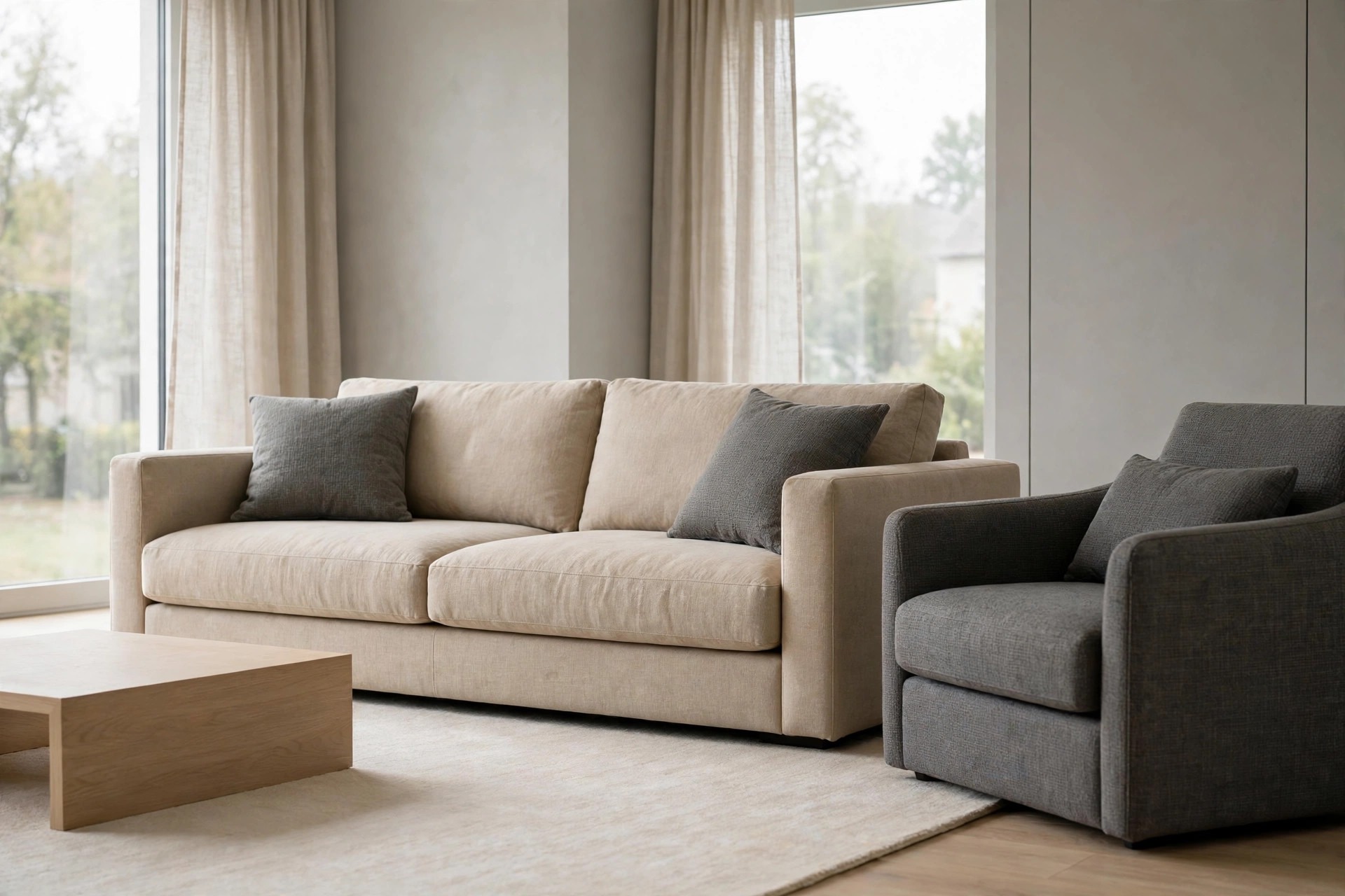 Beige linen sofa with dark grey cushions beside a dark grey armchair and a light wood coffee table on a pale rug