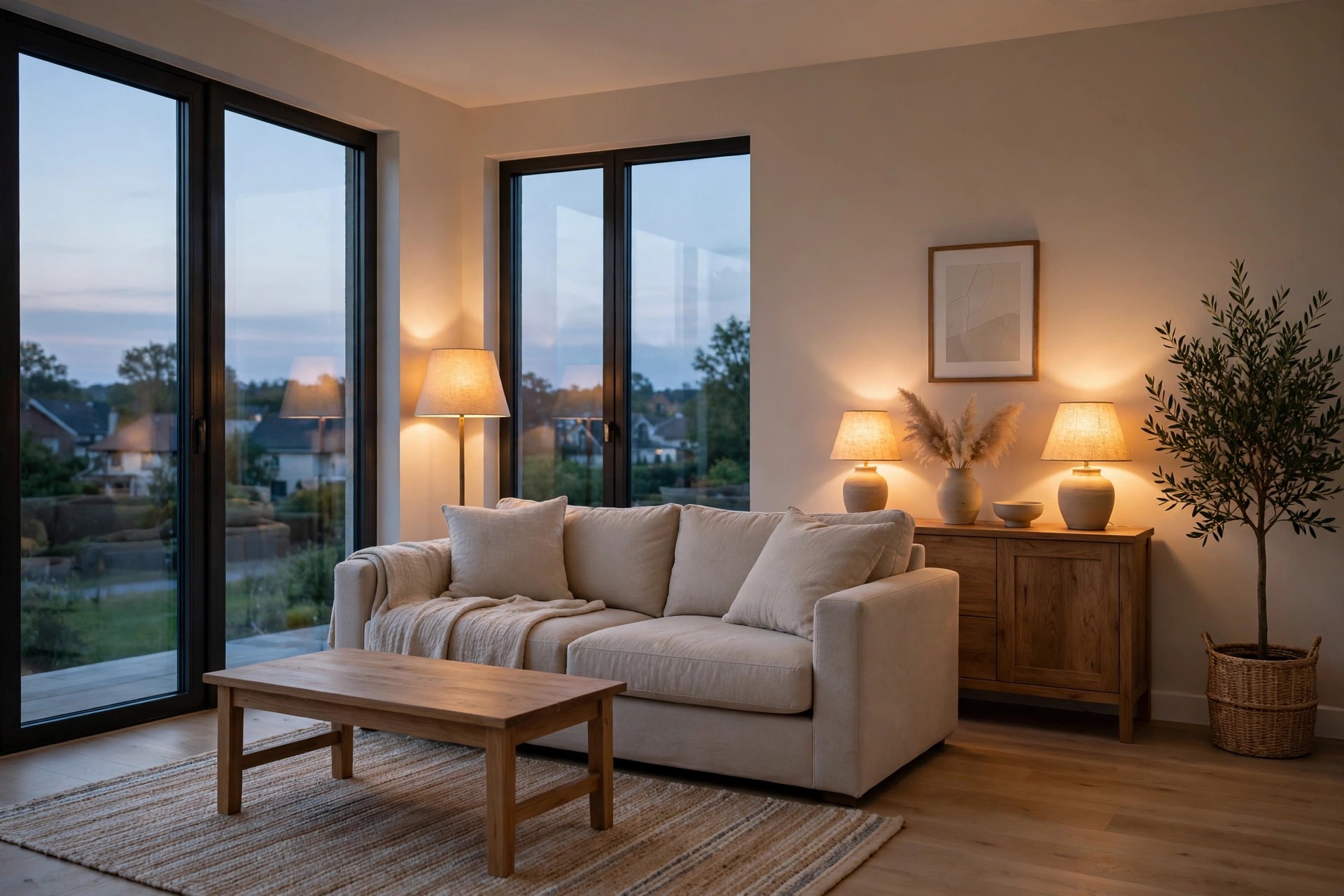 Beige sofa at dusk with three warm glowing lamps with linen shades, a wood sideboard, and large windows behind