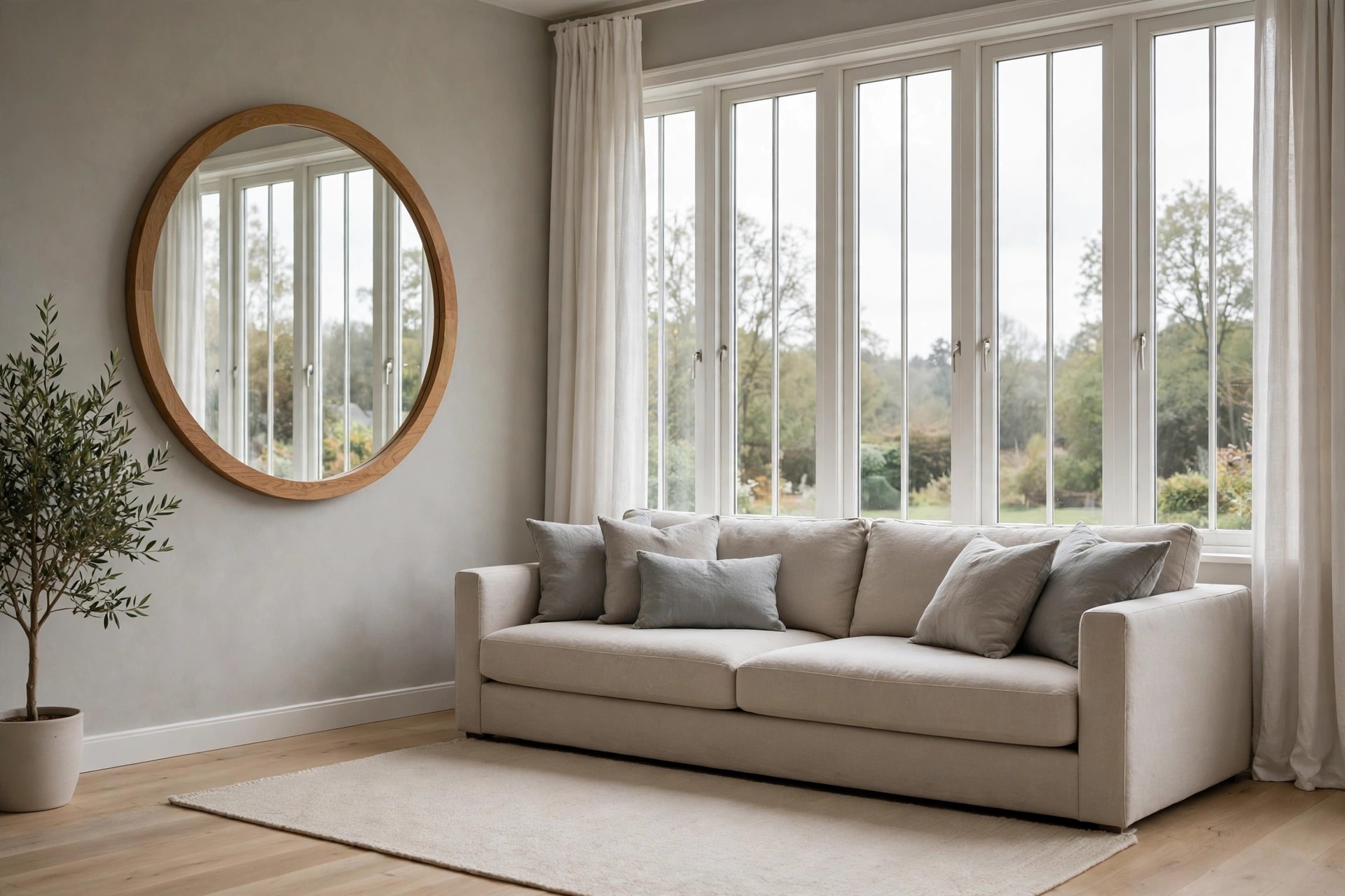 Large round mirror with a warm wood frame reflecting tall windows beside a beige sofa with grey cushions on a pale rug