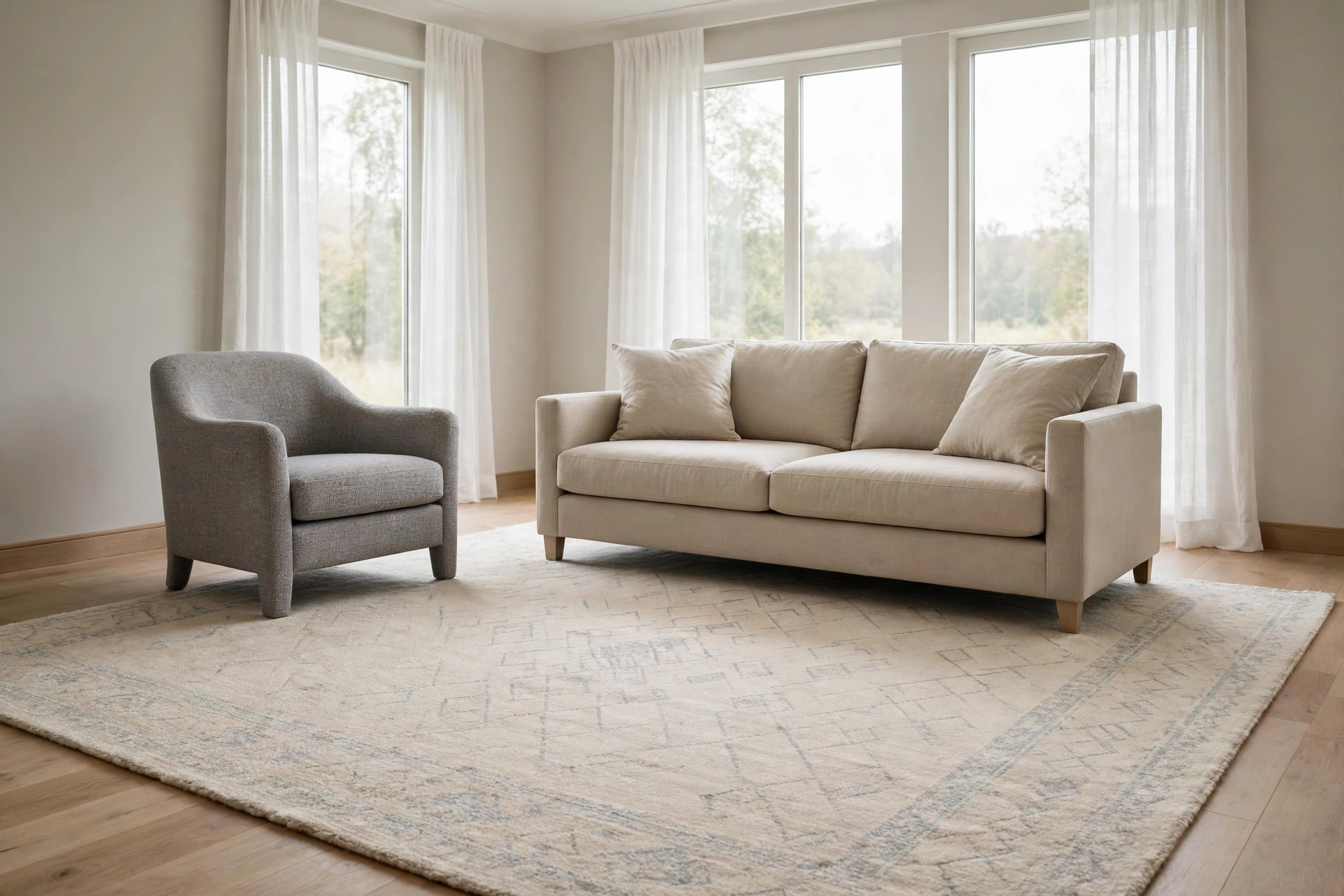 Large pale beige rug with a faint grey pattern under a beige sofa and a grey armchair in front of sheer curtained windows