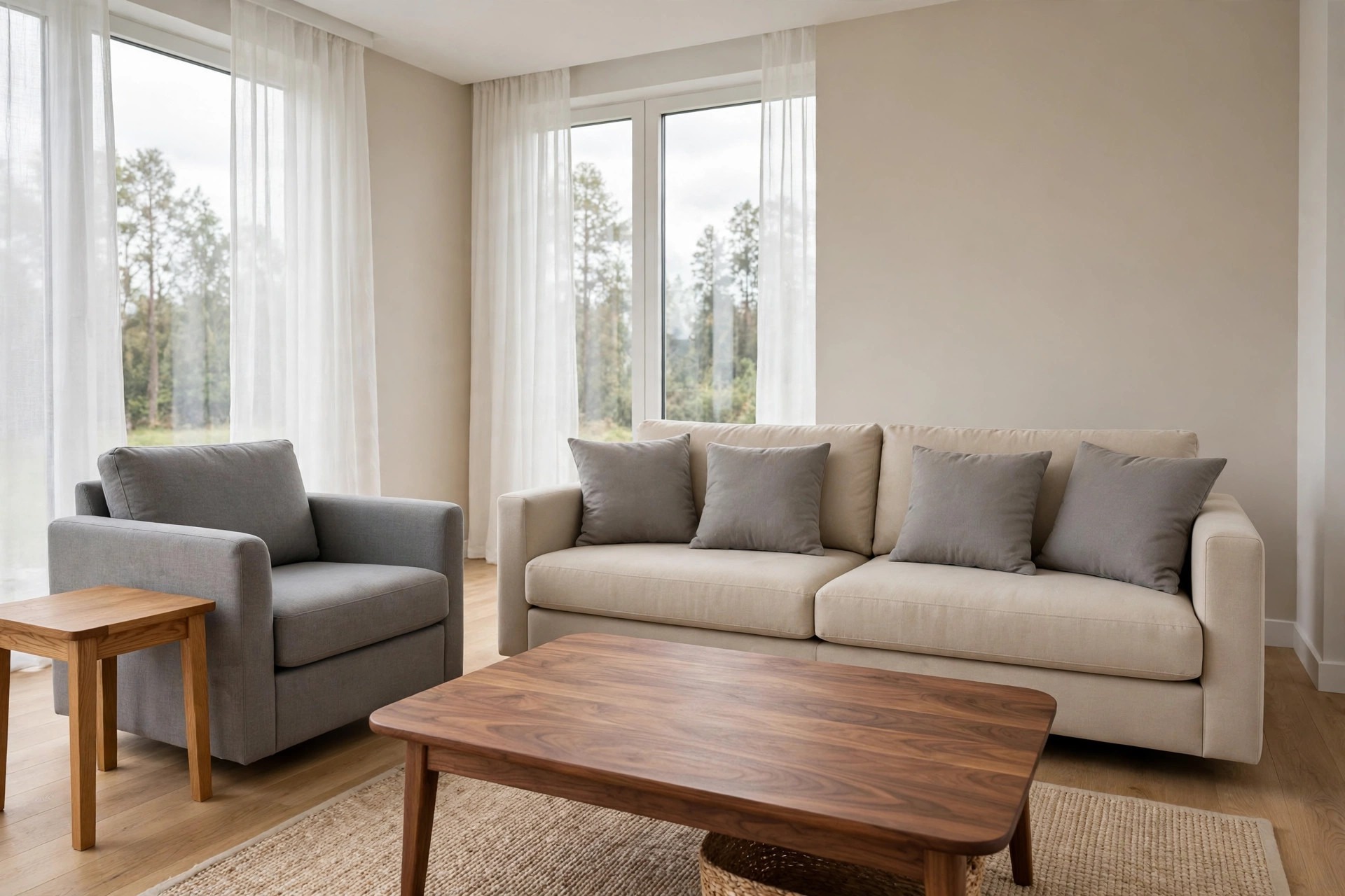 Beige sofa with grey cushions beside a grey armchair with a honey wood side table and a walnut coffee table