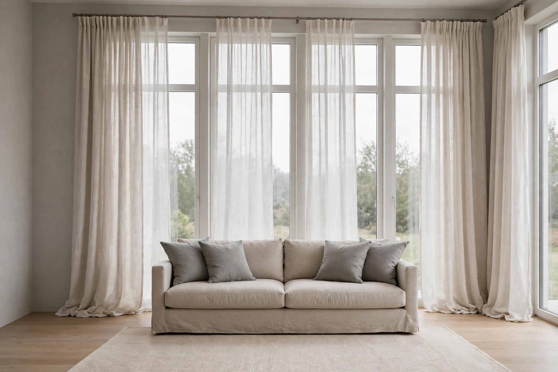 Beige sofa with grey cushions in front of tall windows dressed with sheer warm white linen curtains