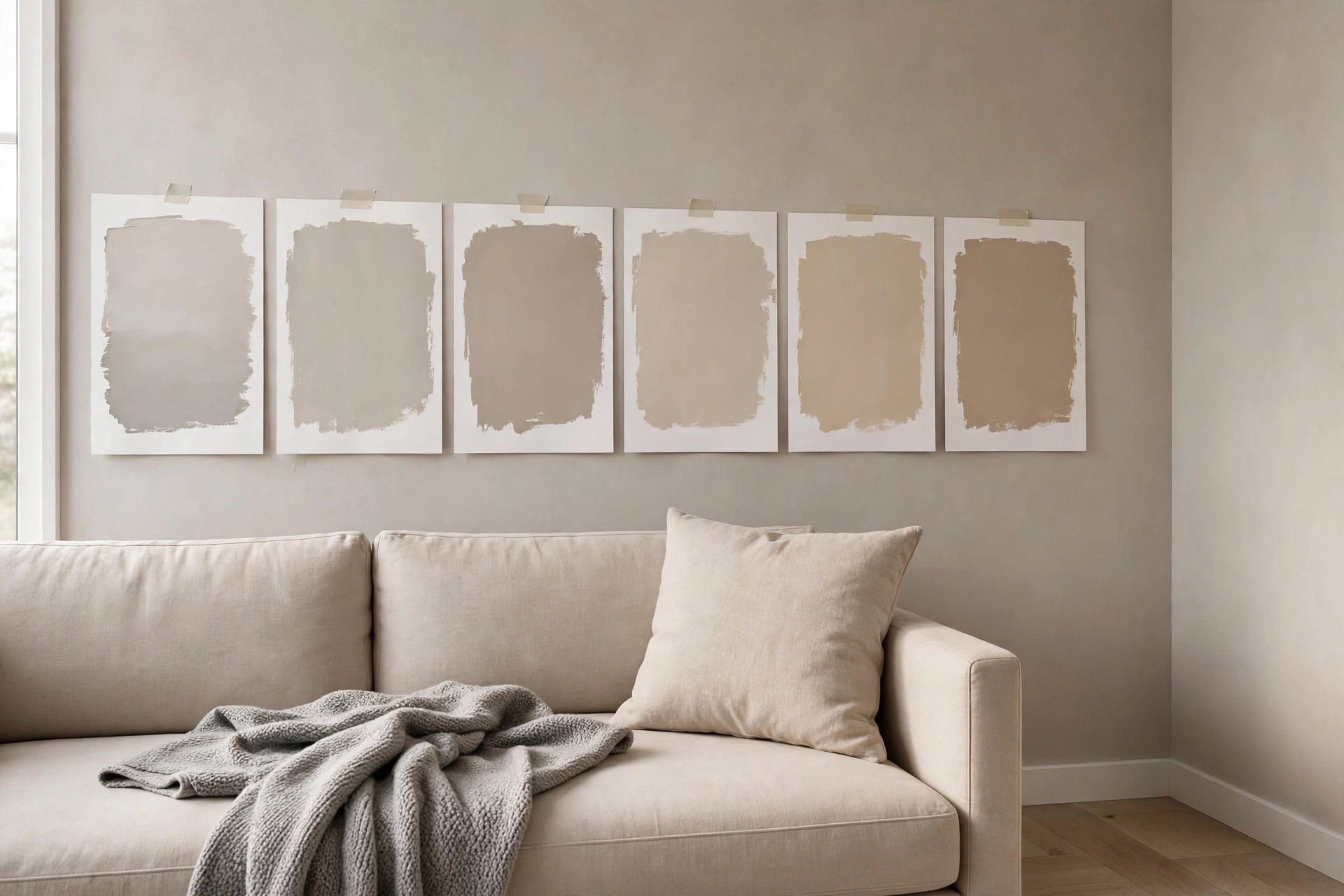 Six paint swatch cards in grey, greige and beige shades taped on a greige wall above a beige sofa with a grey knit throw