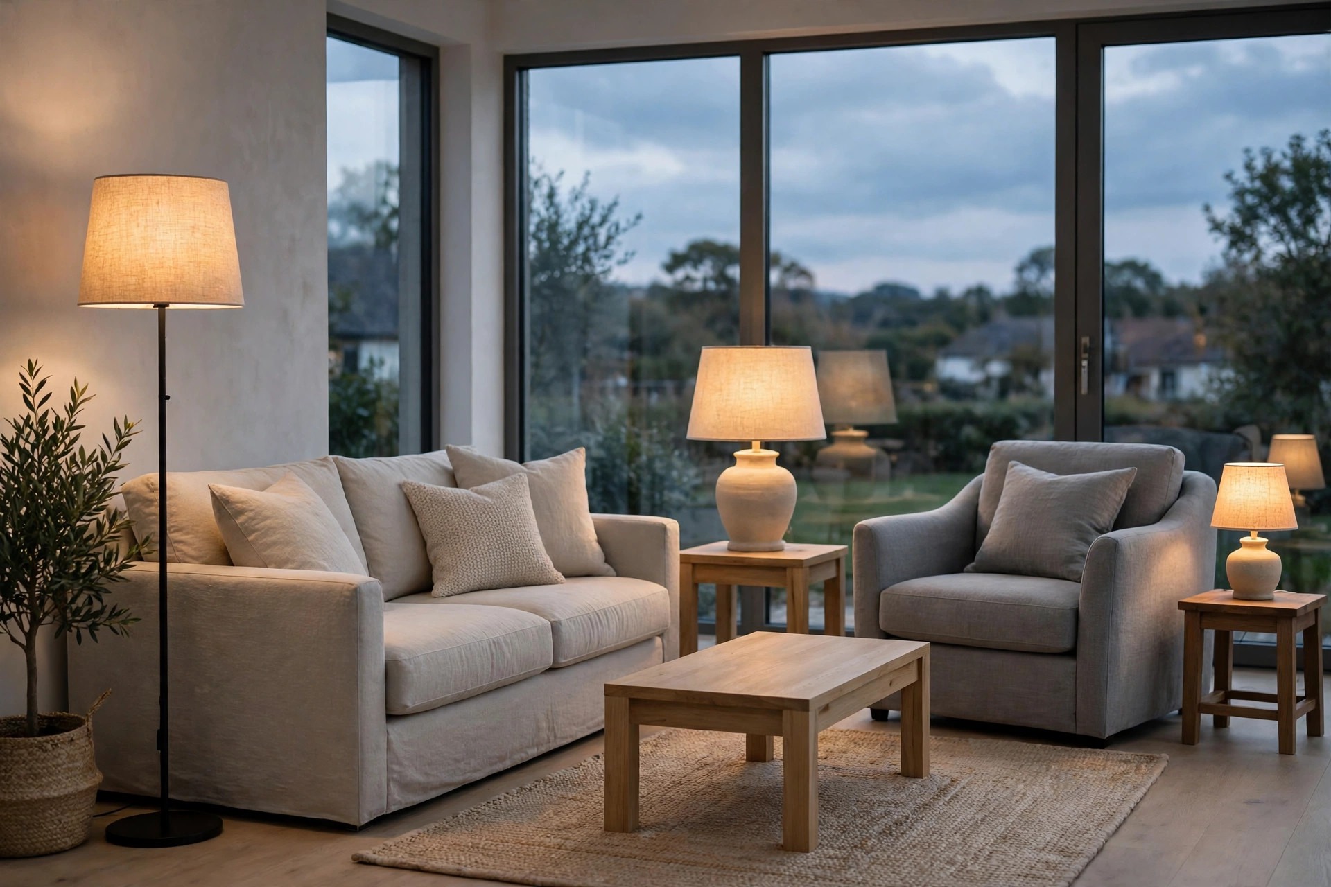 Beige sofa and grey armchair at dusk with a floor lamp, a table lamp and a small lamp, all with linen shades, around a wood coffee table
