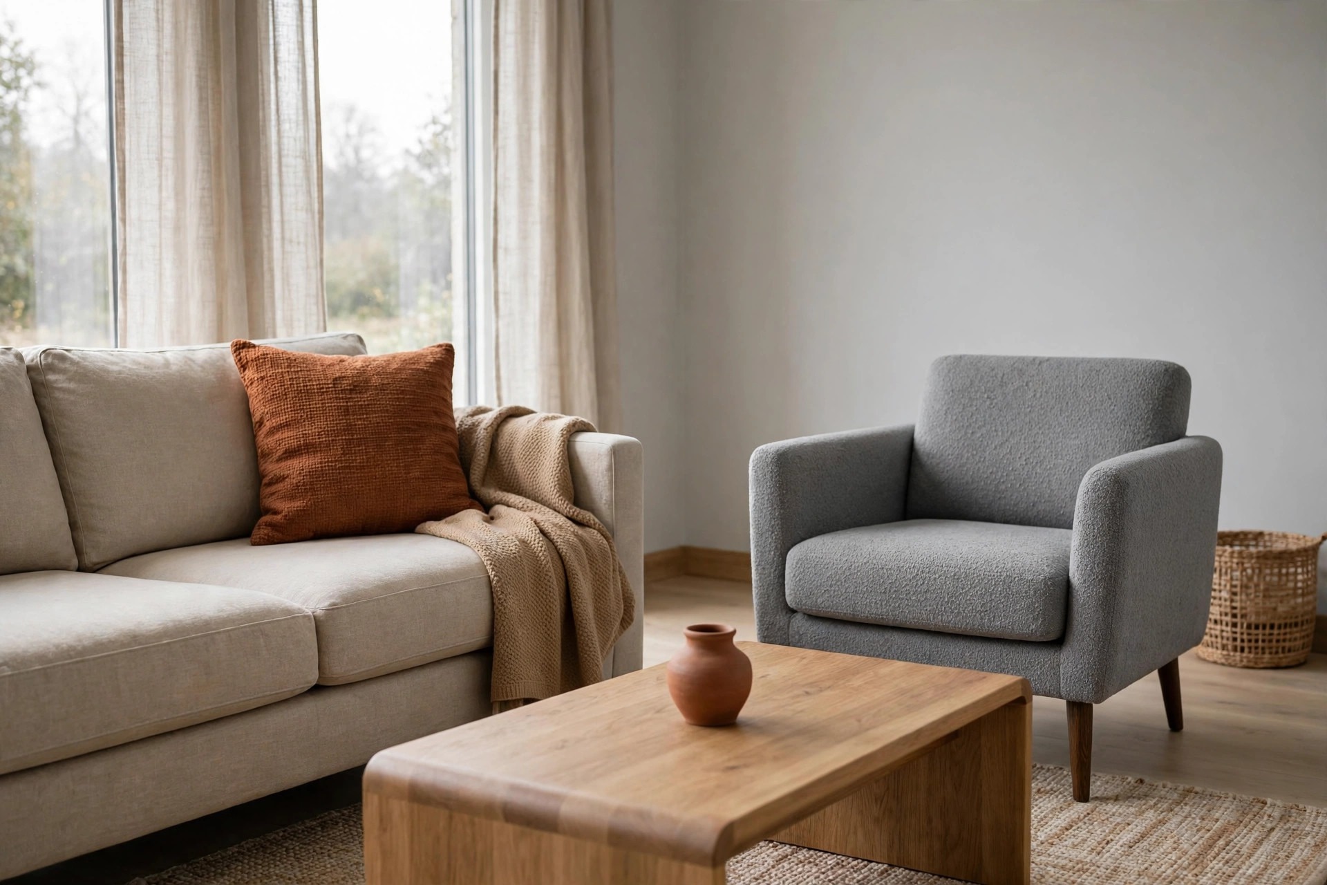 Beige sofa with one rust cushion and a camel throw beside a grey armchair, with a small clay vase on a wood coffee table