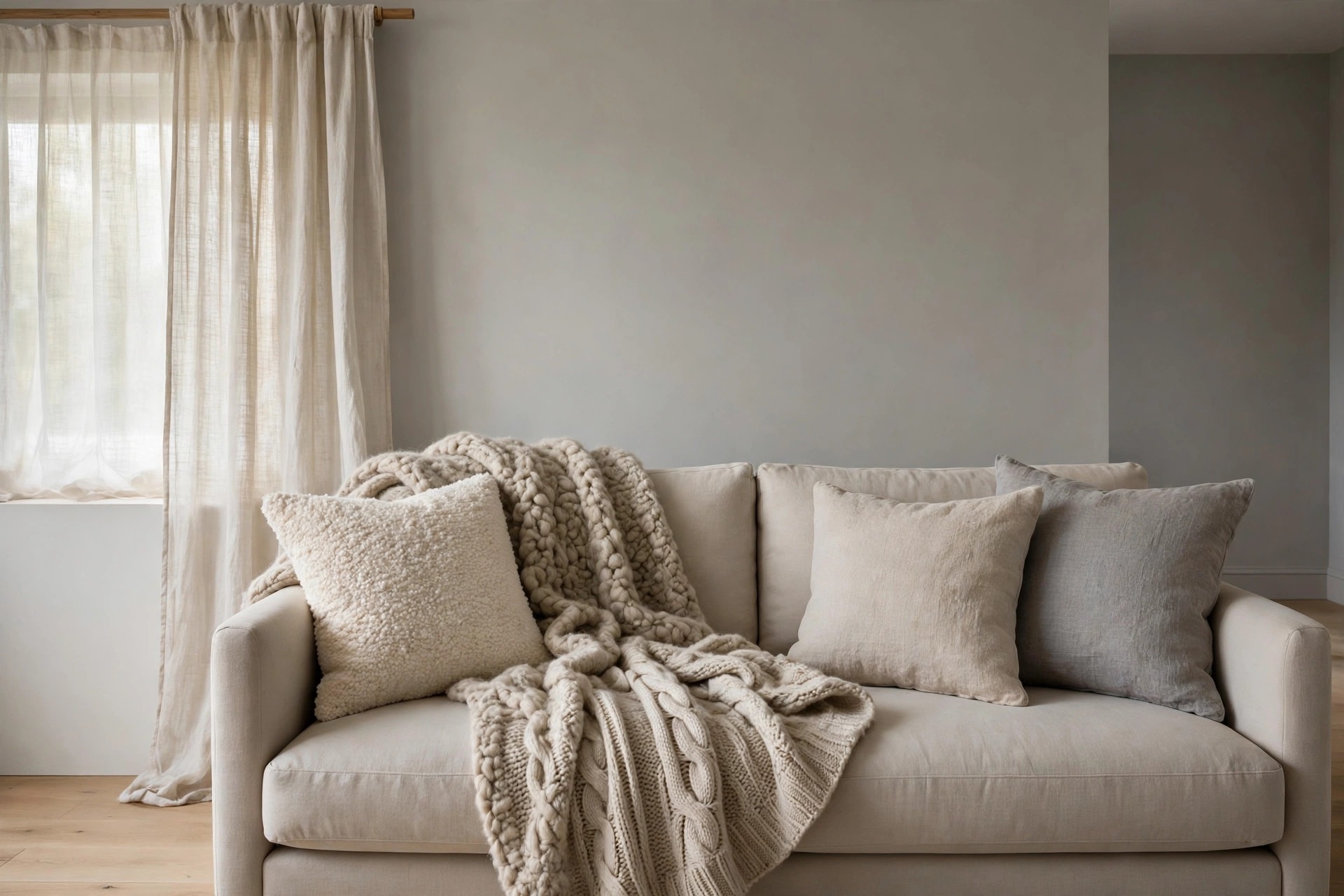 Beige sofa with a chunky wool throw, a cream boucle cushion and linen cushions in beige and grey beside a linen curtain