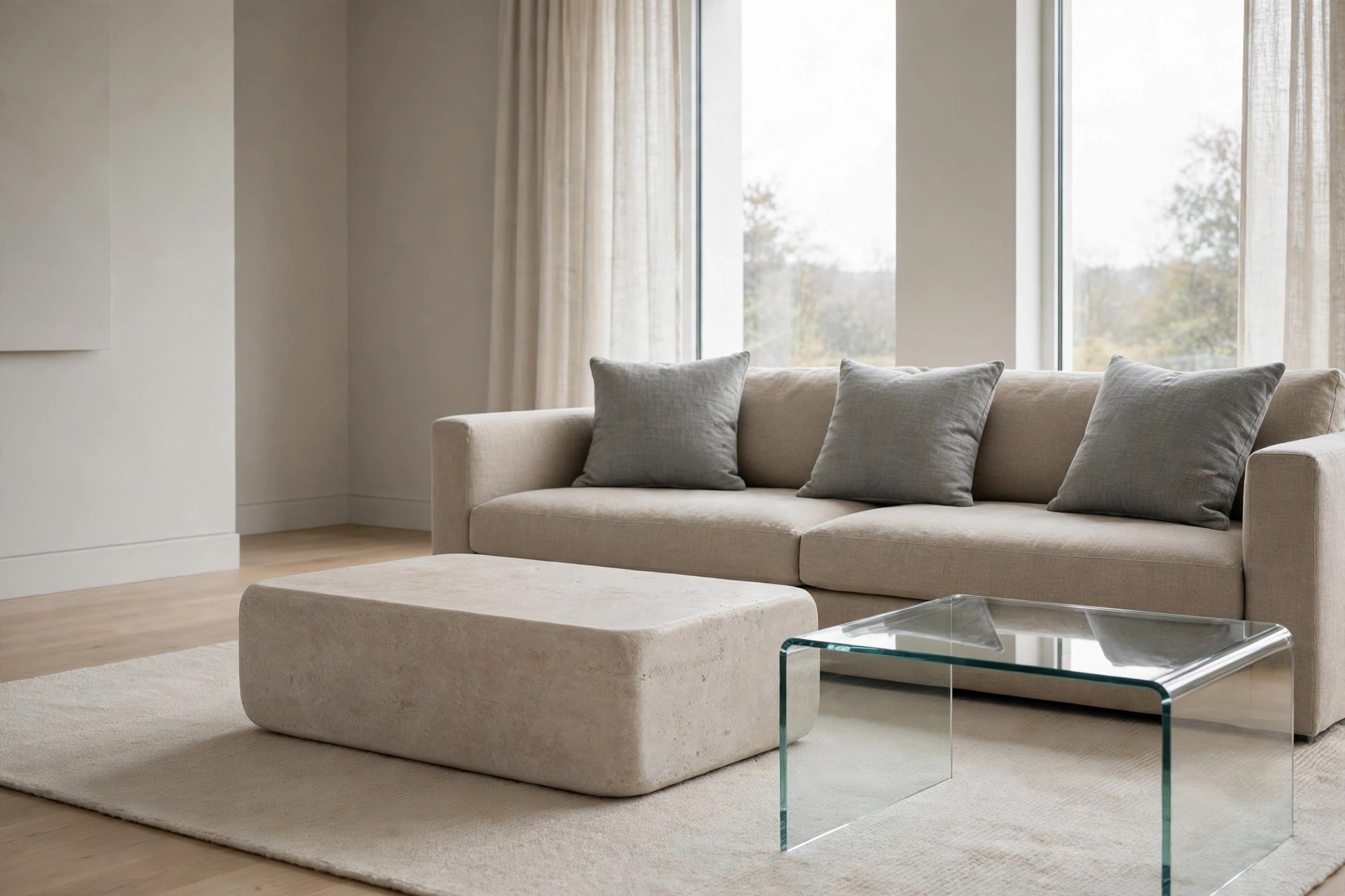 Beige sofa with grey cushions behind a pale stone coffee table block and a clear glass side table on a pale rug